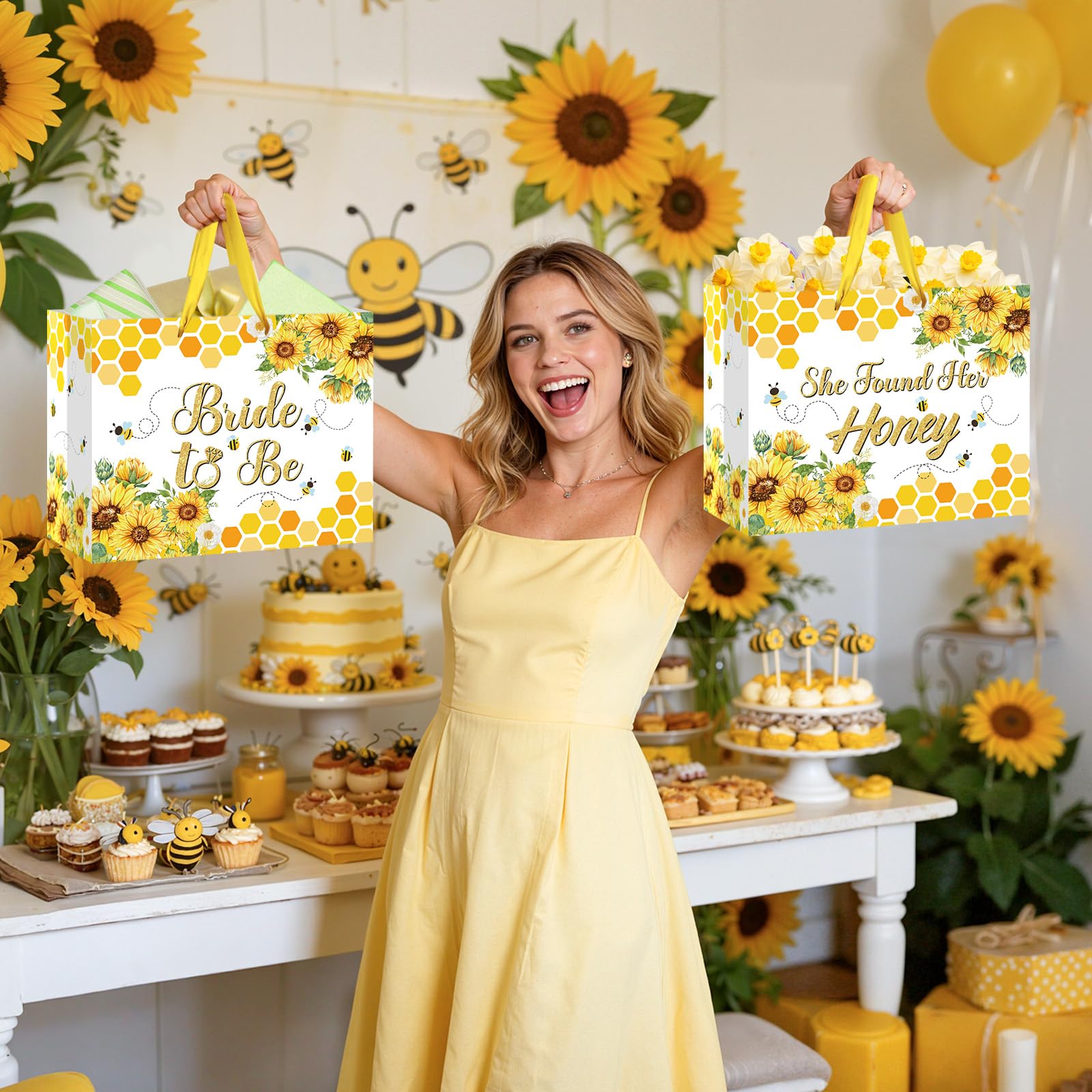 Bride Gift Bag Bee Bridal Shower Party Gift Bags with Tissue Paper and Card Bridal Gift Wrapping Paper Bag Honey Bee Sunflower Bachelorette Engagement Wedding Bags for Bride to Be Party Decorations