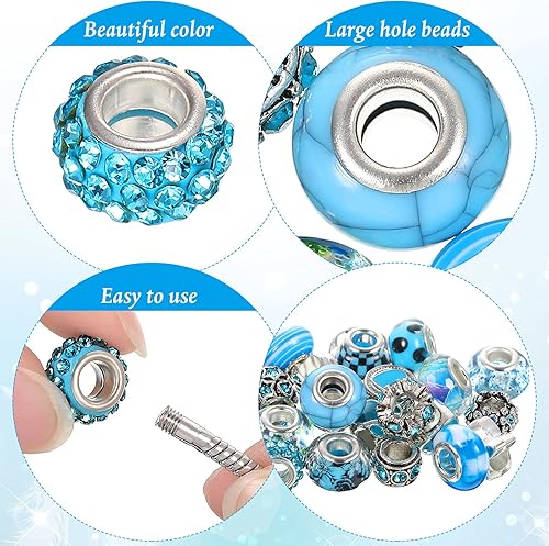 Miniatura 4 de 80 piezas surtidas de cuentas europeas de agujeros grandes, cuentas de vidrio espaciadoras de diamantes de imitación de metal para macramé,