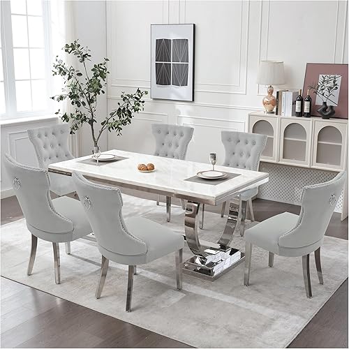 Miniatura 6 de Juego de 4 sillas de comedor de terciopelo, sillas de cocina tapizadas con patas Mteal, respaldo moderno con botones copetudos y ribete cuadrado de