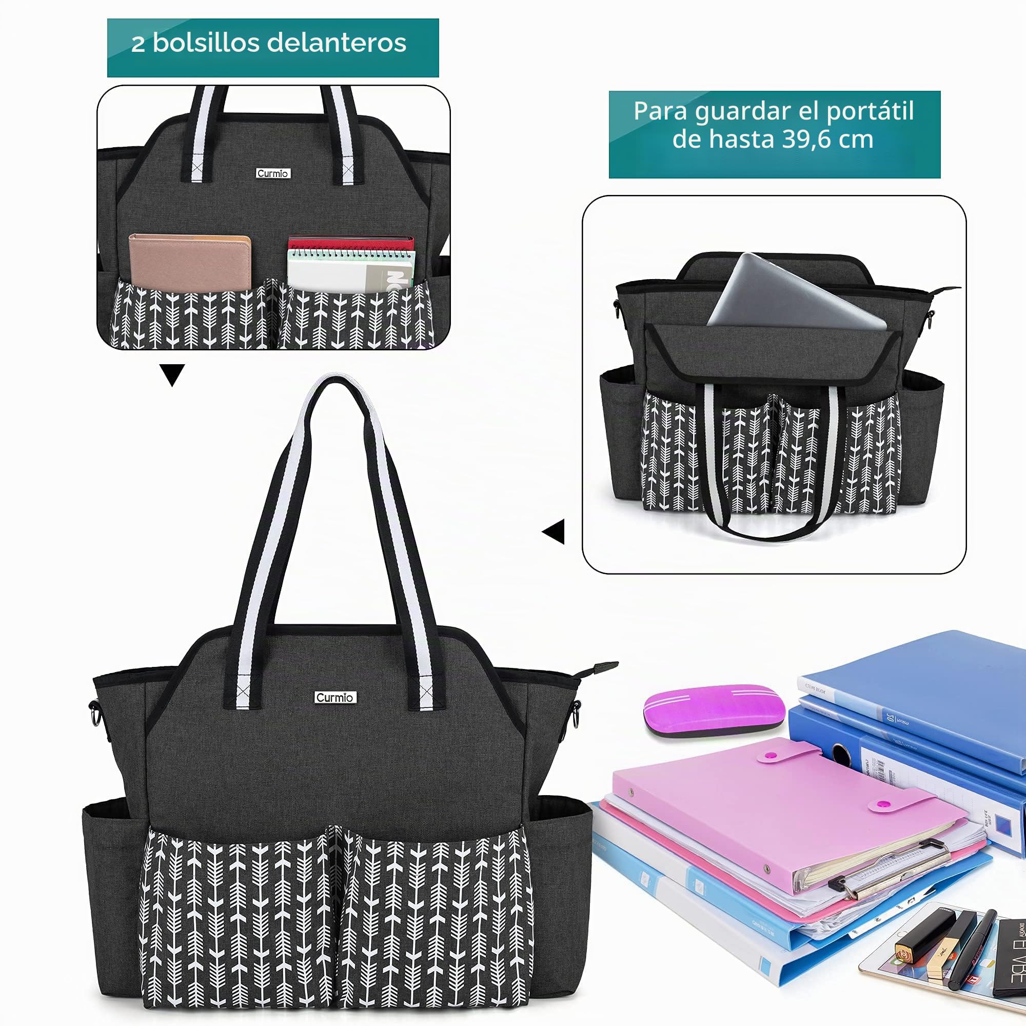 CURMIO Bolsa de Trabajo para Profesora Mujer con Funda para Laptop, Negro | Correa de Hombro Desmontable, Varios Bolsillos, para Profesores/ Enfermeras/ Universidad/ Negocios, Sólo Bolsa
