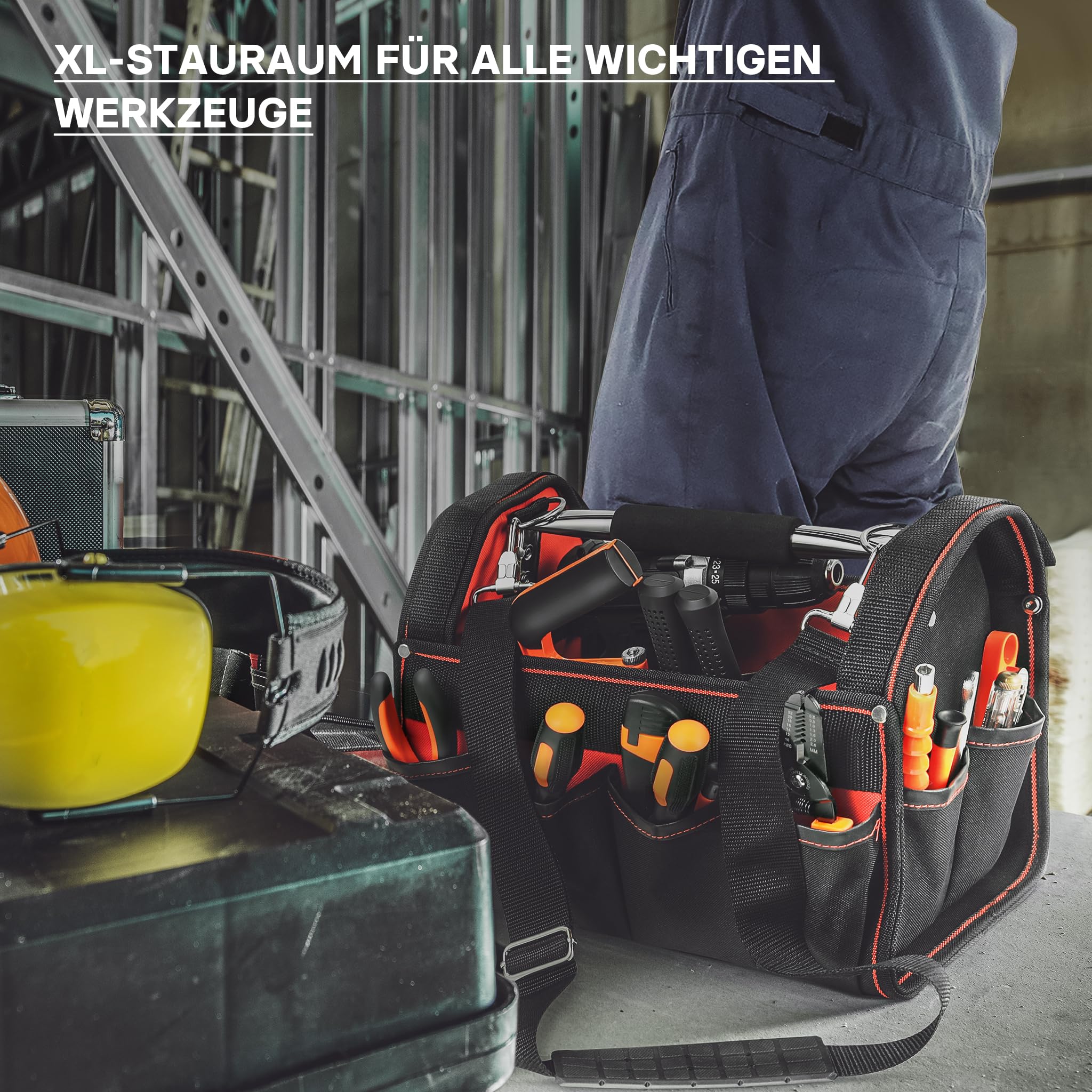 Wiltec Werkzeugtasche Größe XL 44x22x25 cm, Werkzeugbeutel mit verstellbarem Schultergurt und Tragegriff, Innen- und Außenfächer, Aufbewahrungstasche