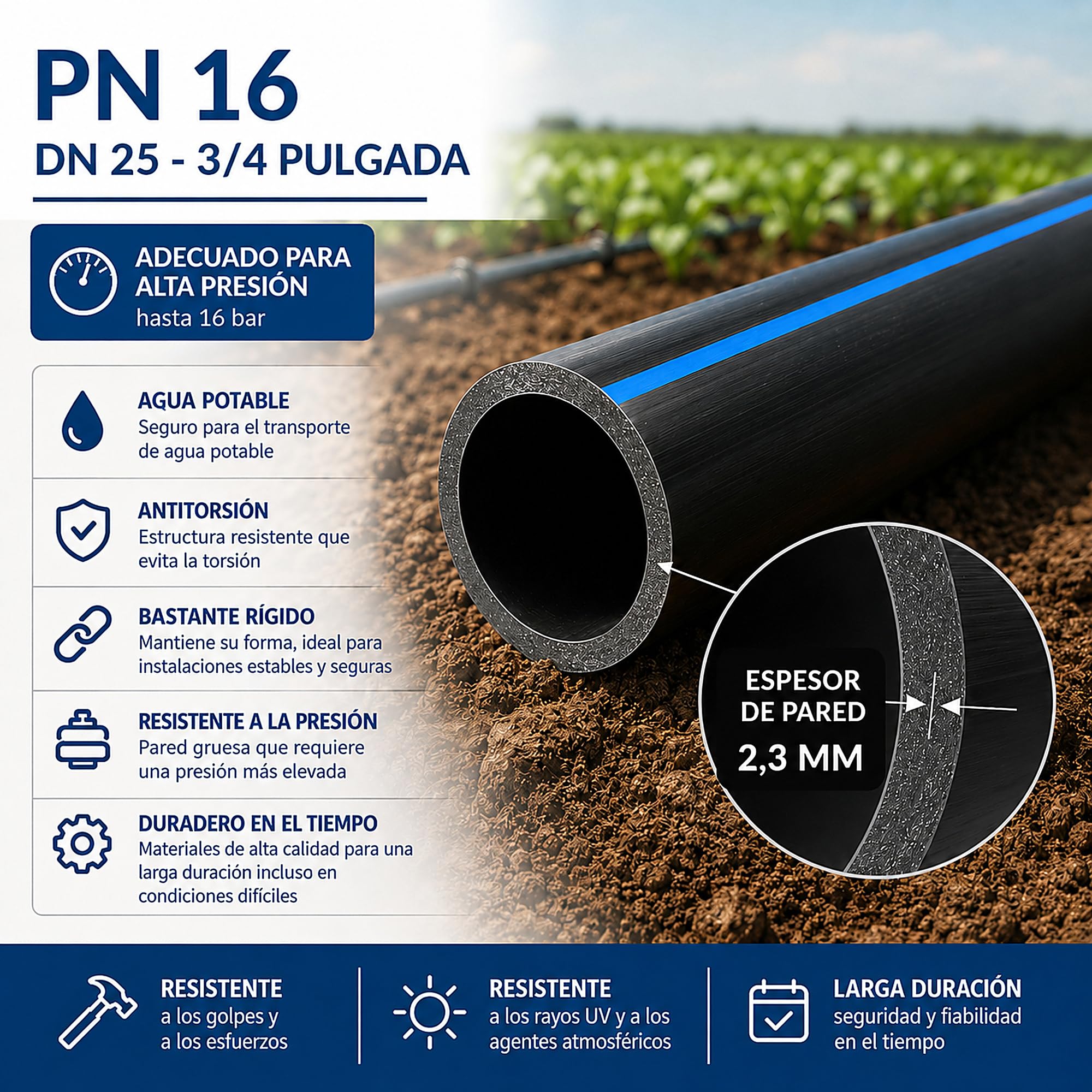ESTO Tubo de Riego 16 PN 50 o 100 metros ⌀ 20 25 32, Tubo de Agua para Jardín, Tubo de Polietileno de Alta Densidad, Riego de Alta Presión, Huerto, Tubo para Riego (Ø 25mm, 100 metros)