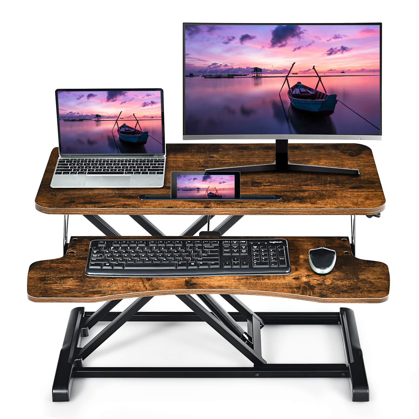 GIANTEX Poste de Travail Informatique Assis Debout Réglable en Hauteur, Convertisseur Bureau avec Plateau pour Clavier et Support pour Tablette, 80 x 64 x 11-50,5 cm (Marron)