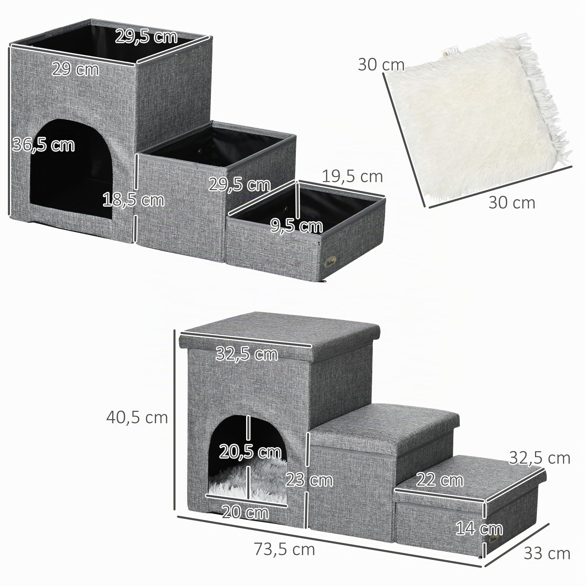 PawHut Hundetreppe 3 Stufen 40,5 cm Hoch Kissen für Kleine Hunde Hellgrau | Haustiertreppe mit Höhle, Stauraum, Katzentreppe, Hunderampe, Waschbar Bezug, Einstiegshilfe für Bett, Sofa, Couch und Auto