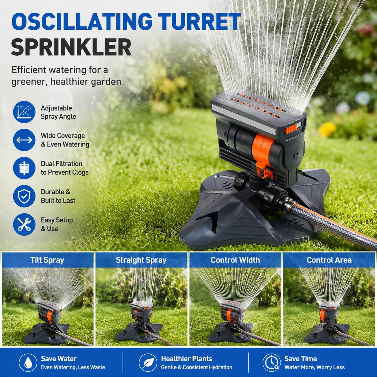 Irrigatore oscillante per prato, irrigatore a torre regolabile con 16 ugelli di precisione, rotazione a 360°, doppia filtrazione, ampia copertura per irrigazione da giardino, cortile, patio esterno