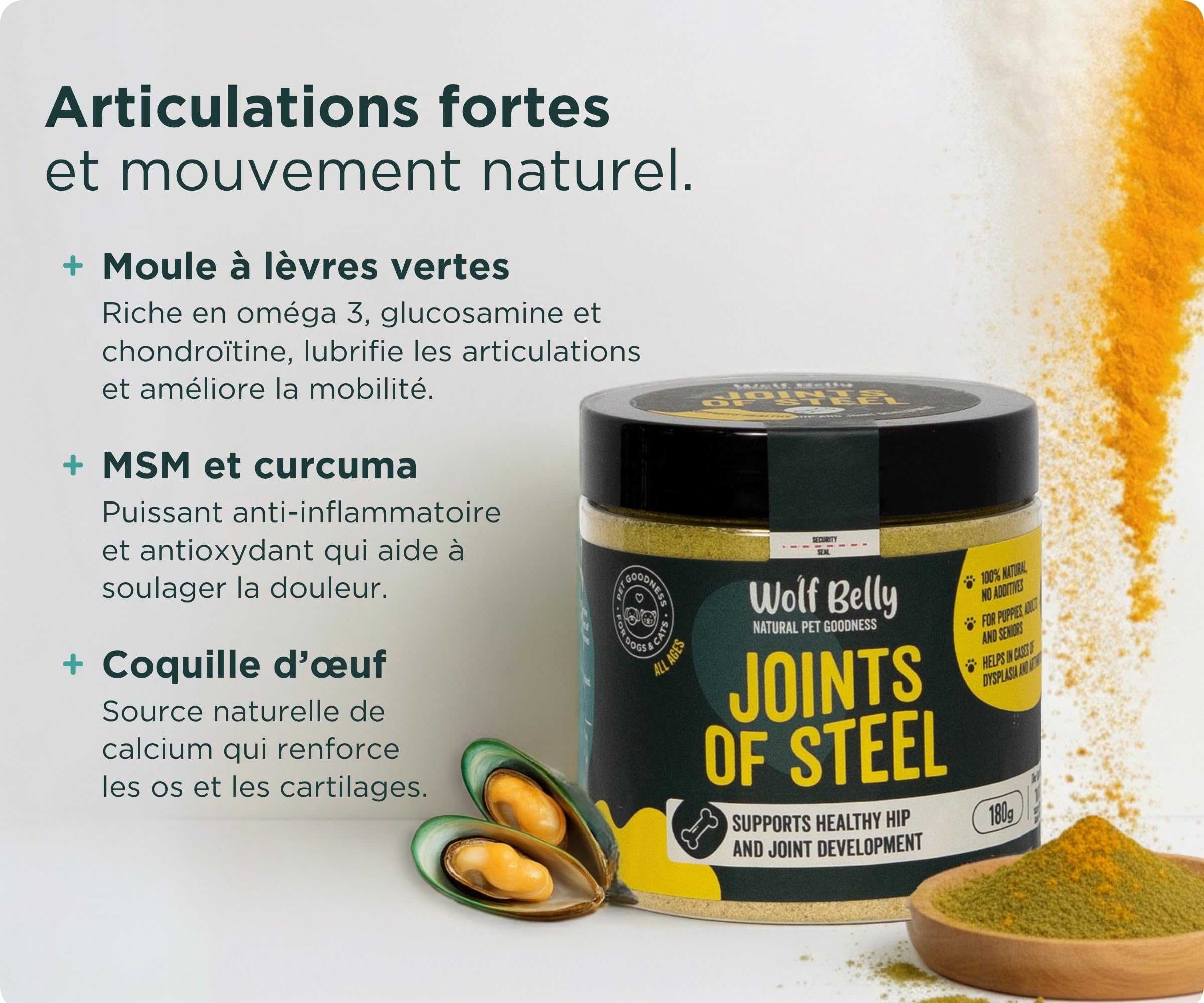 Wolf Belly - Pack Chondroprotecteur pour Chiens | Complément Articulaire en Poudre + Friandises à l’Acide Hyaluronique | Articulations Fortes | Anti-inflammatoire - Fabriqué en Europe