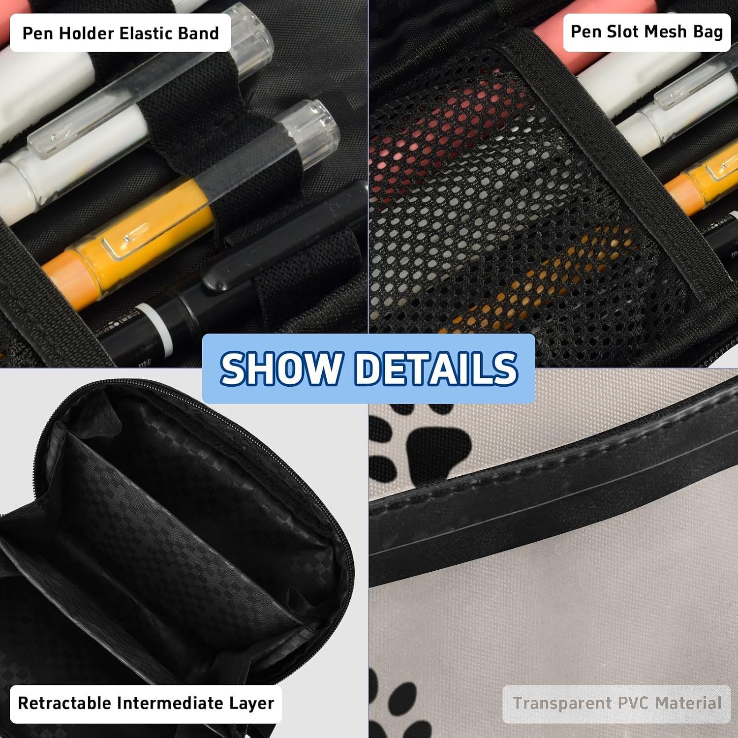 ALAZA Dog Footprint Pattern Large Capacity Pencil Case, Aesthetic Stationery Organizer Bag with Clear PVC Window, High Capacity Pen Pouch with Dividers for School Office Travel image 4