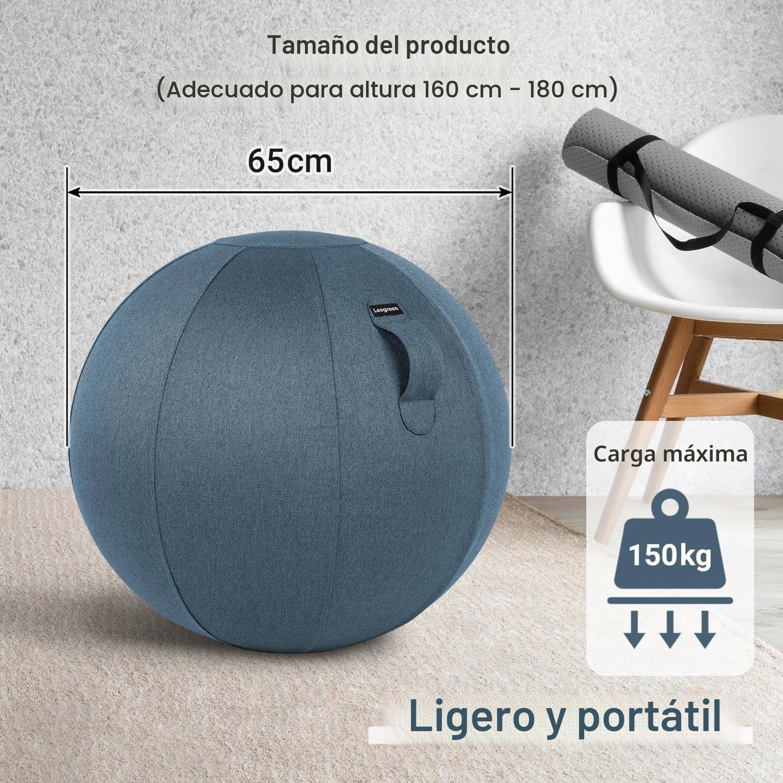 Leogreen Pelota de Pilates Gris 65/75 cm, Silla Balón Ergonómica | Funda Lino Lavable, Antideslizante, Yoga, Oficina y Postura Correcta, Embarazo