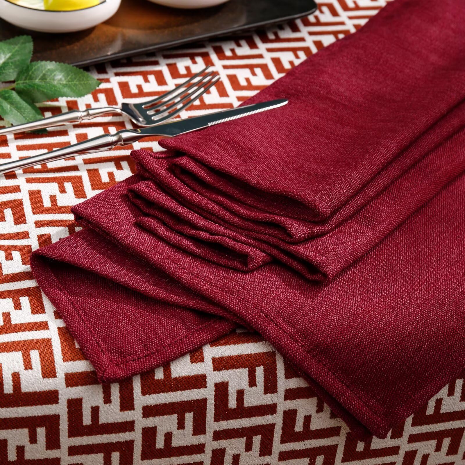 Juego de 4 servilletas de tela de mezcla de algodón y lino, lavables, suaves, color rojo, ideales para fiestas, hoteles, bodas