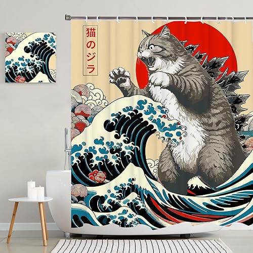 Funny Japanese Cat Shower Curtain, Vintage Cat Art Japan Anime Sunset Wave Waterproof Shower Curtain with Hooks, Animal Fabric Shower Curtains Bathroom Decor 72X72inches