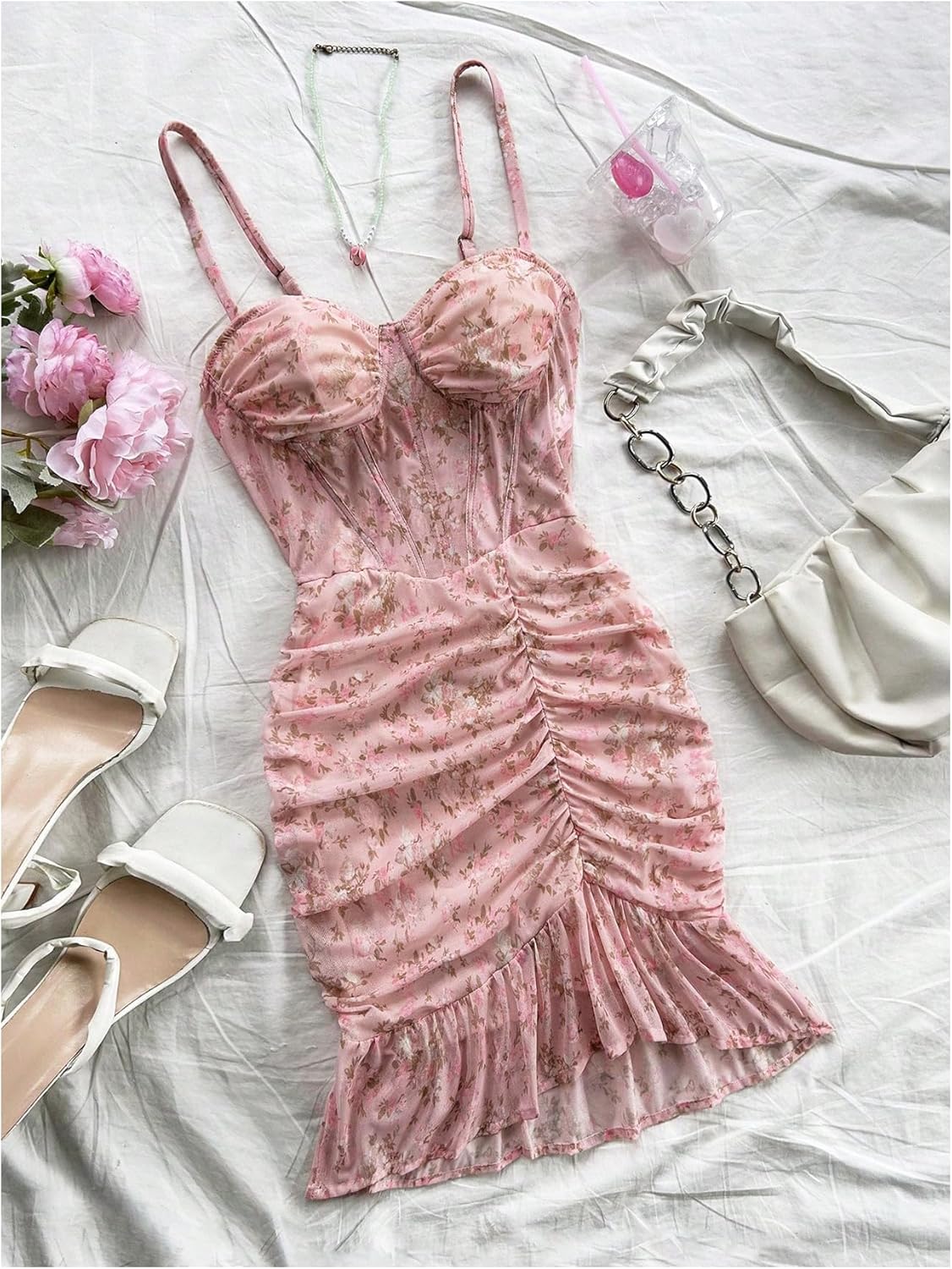 Verdusa Women's Floral Ruched Bodycon Dresses Ruffle Sleeveless Cami Mini Dress Brunch Outfits - Image 5