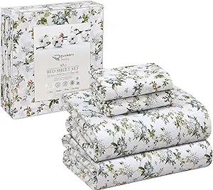 RUVANTI 100% Cotton King Size Sheets Set, 4 Pieces, Soft & Breathable Percale Weave Bedding, Deep Pocket 16", Hotel Standard, Crisp Cool Feel, Durable, Perfect Floral Bed Sheet, Heritage