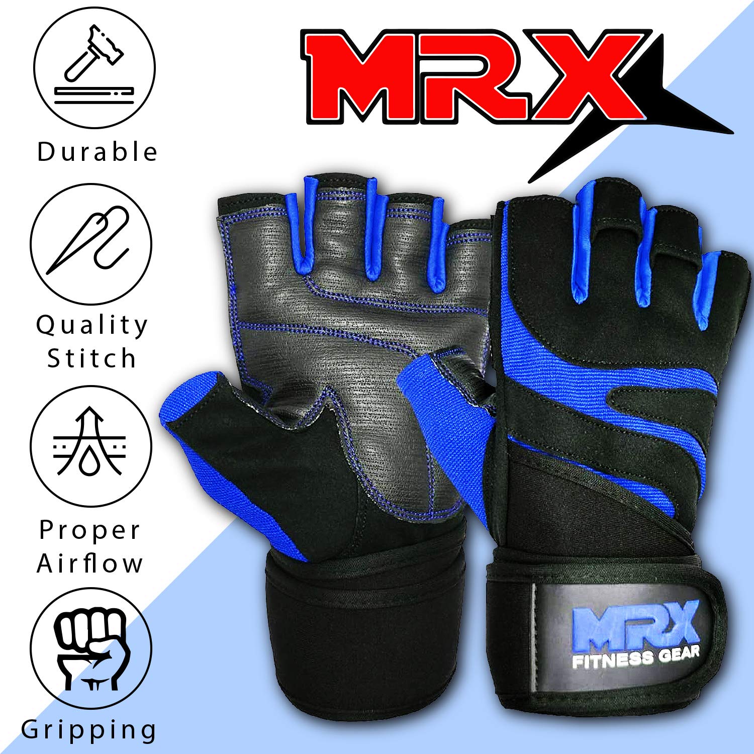 MRX BOXING & FITNESS Rękawice do podnoszenia ciężarów ze zintegrowanym podparciem opaski na nadgarstek pół palca kulturystyka rękawica gimnastyczna niebieska średnia