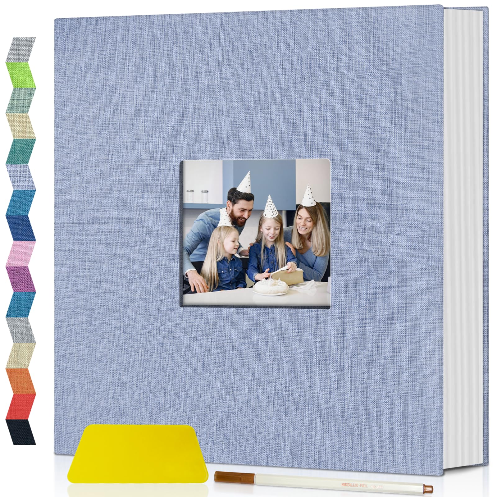 Popotop Photo Album Self Adhesive with Picture Display Window,40 Pages DIY Scrapbook Album for 4x6 8x10 Picture,Linen Cover Memory Book for Baby Wedding, with Scraper and Metallic Pen
