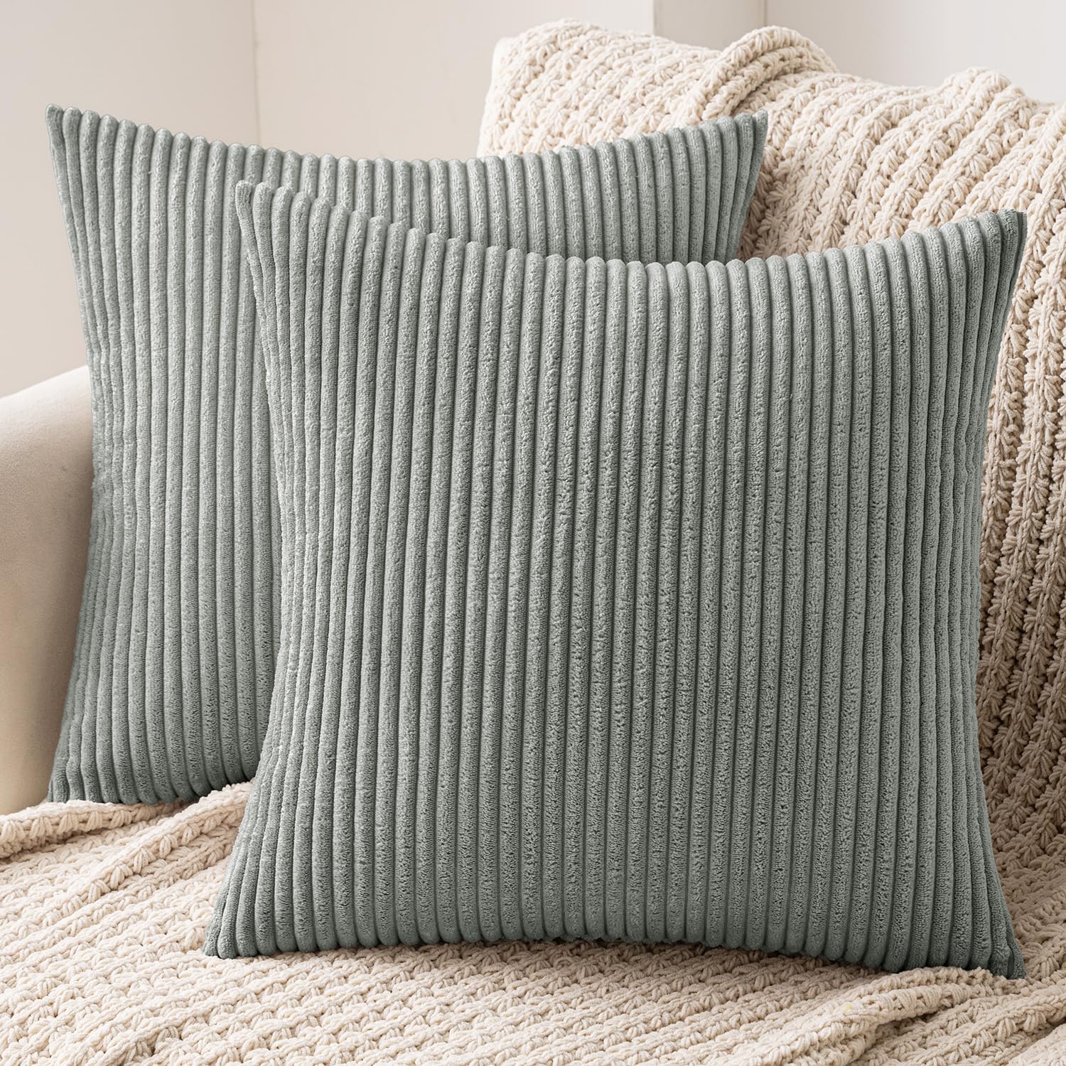 MIULEE 2er Set Kissenbezüge Kord Kissenhülle Dekorative Kissenbezug Sofakissen Couchkissen Dekokissen Zierkissenbezug Kuschelkissen für Sofa Schlafzimmer Wohnzimmer 40x40 cm Grau Grün