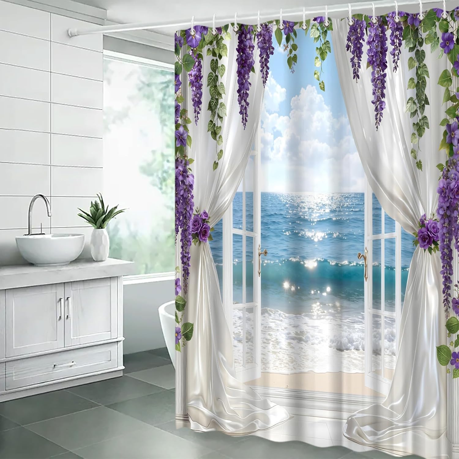 Ocean Beach Shower Curtain 70" Wx96 H,Coastal Blue Sea Summer Hawaiian Tropical Purple Floral Leaves Nature Landscape Farbic Bathroom Decor with Hook