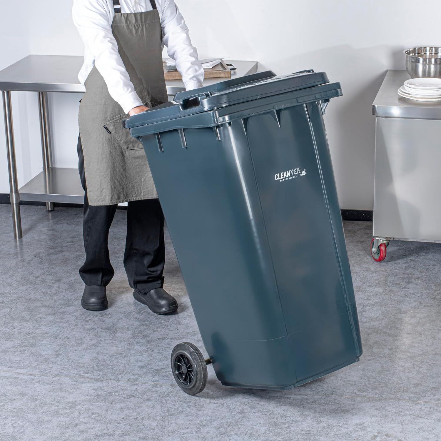 Restaurantware-Clean Tek Professional 64 Gallon Trash Can With Wheels, 1 Garbage Can With Lid - Step-On Attachment Sold Separately, Rectangle, Gray Plastic Dustbin, Long-Lasting, For Outdoor