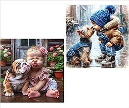 Amyaker Diamond Art Kit, Round Beads, Dogs, Children, Set of 2, Diamond Beads Painting Kit, DIY, Handmade Painting, Mosaic Art, 5D, Mosaic Art, Diamond Painting, Fully Adhesive Type, 11.8 x 11.8 inches (30 x 30 cm)