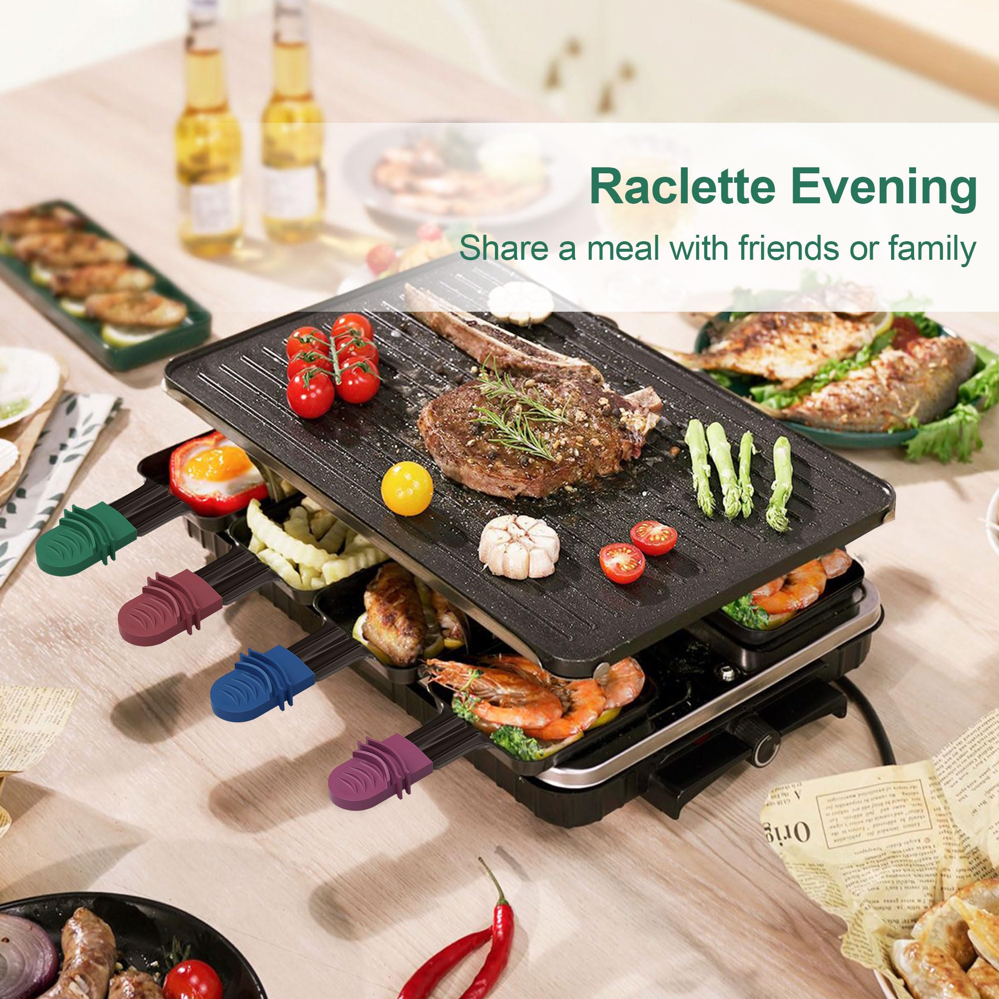 Set 4 Padelle Per Raclette In Ghisa Con 4 Palette: Rivestimento Antiaderente, Manici Isolati, Multifunzionali Per Fondue, Barbecue E Cottura Sana – Adatte A Griglie Raclette Standard, Ideali Per Feste Invernali