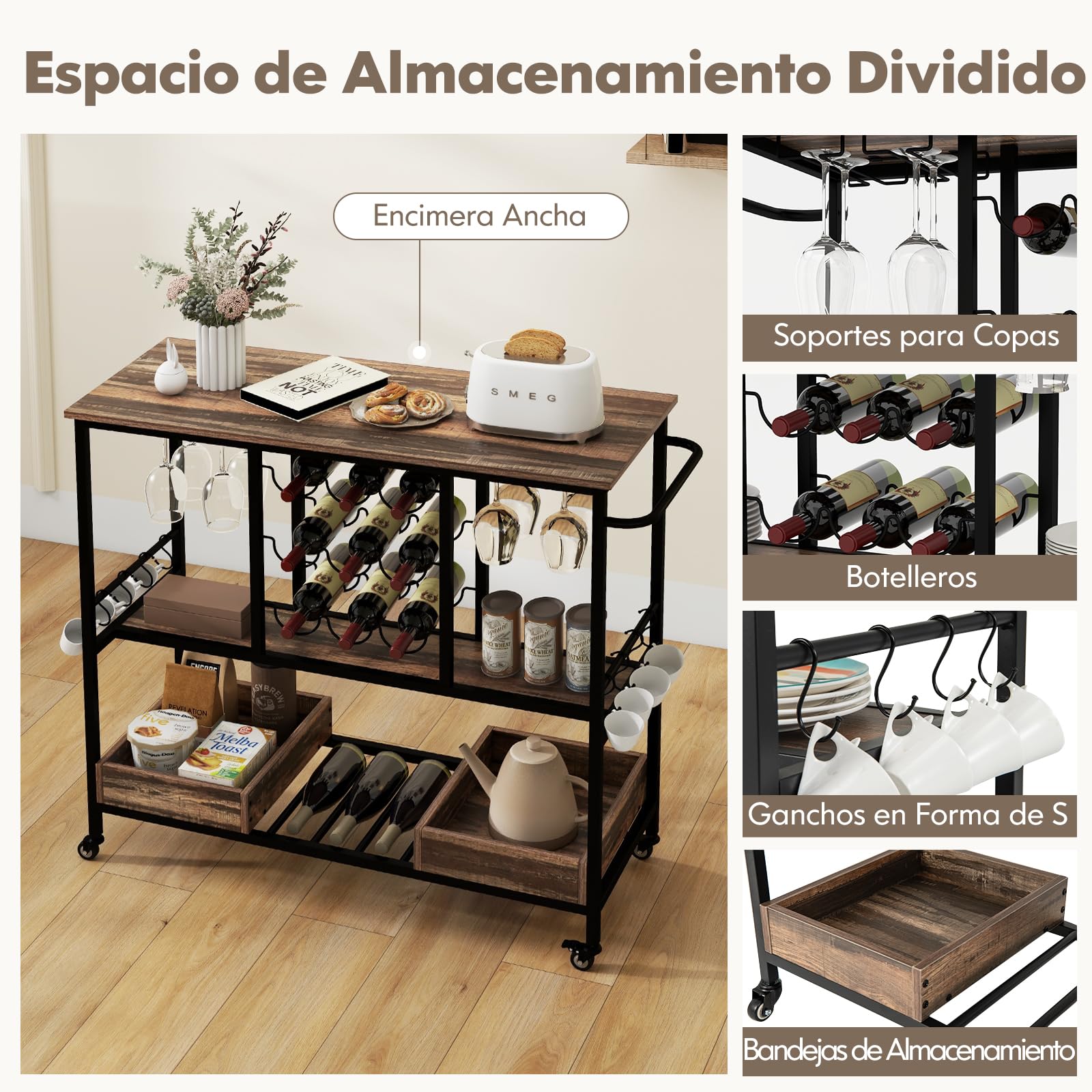 GOPLUS Carro de Servicio para el Hogar, Carrito de Bar para Bebidas con Estantes para Vidrio, Soportes para Vino, Ganchos y Bandeja de Almacenaje, Ruedas Bloqueables, de 3 Niveles para Cocina, Comedor