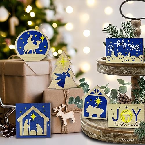 Miniatura 2 de Decoración de bandeja escalonada, decoración de bandeja religiosa de Navidad, letrero de madera con texto en inglés "Joy O Holy Night Jesus",