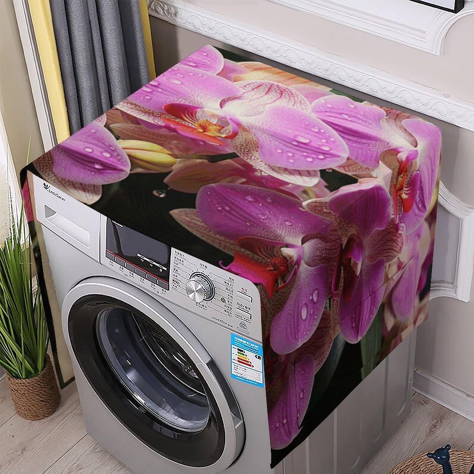 Fodpand White Washing Machine Cover For Top Load Dustproof Orchids Washer And Dryer Cover With Storage Pockets Household Appliance Covers Washable Top Protector Mat Pad For Laundry & Kitchen