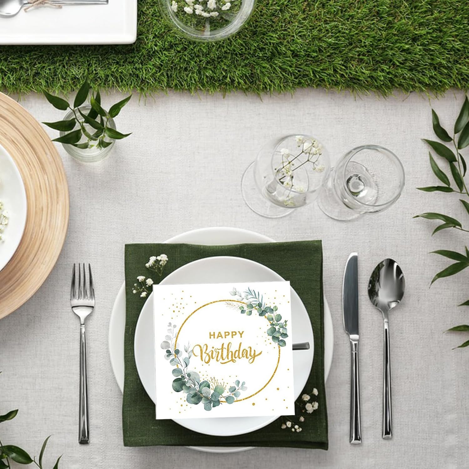 100pcs Green Disposable Paper Napkins Eucalyptus Table Napkins Guest Towels for Happy Birthday Party Decorations（6.5x6.5in)