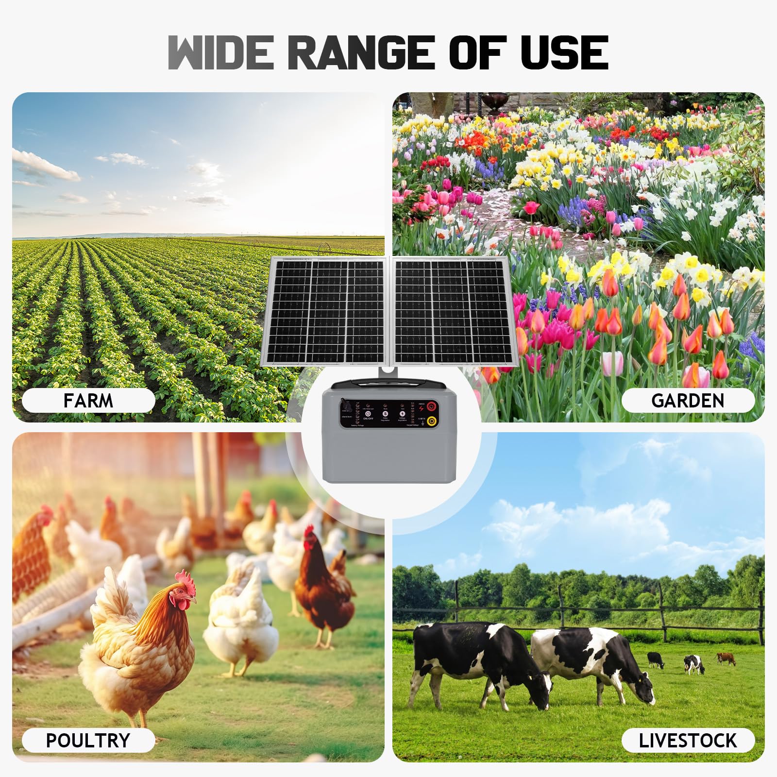 48KM Pastore Elettrico Solare, 0.3-1.5J, 6KV-12KV Recinzione Elettrica Pastore con 15W Pannello Solare e Batteria 7Ah, Per Mucche, Bestiame, Allevamento Di Pollame, Pastore (Grigio)