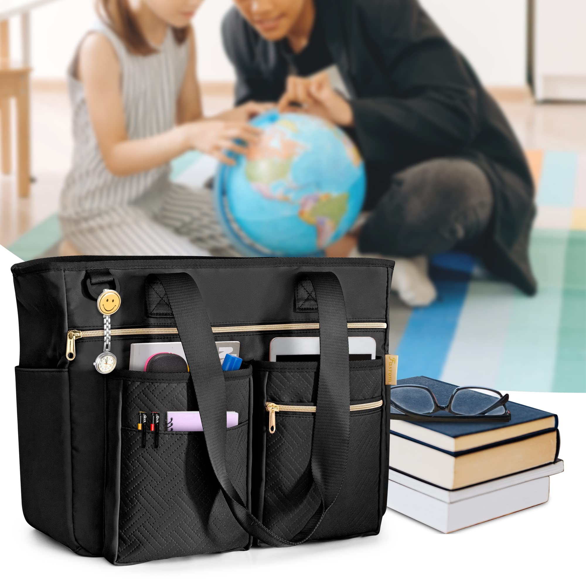 Fasrom Borsa Lavoro per Insegnanti con Scomparti per Laptop, Nero | Gran capacidad con múltiples bolsillos, resistente al agua, con banda para maleta, ideal para trabajo, escuela y viajes