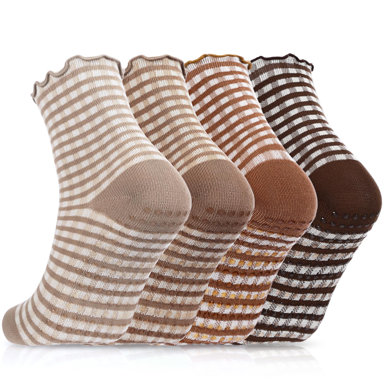 Chicingyou 4 Pairs Ruffle Pilates Grippy Socks, Cute Gingham Non Slip Ankle Yoga Socks for Women Dance Gym Exercise