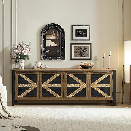 VFK Soporte de TV de granja de 70 pulgadas para TV de 75 pulgadas, centro de entretenimiento rústico con 4 puertas, gabinete de consola multimedia
