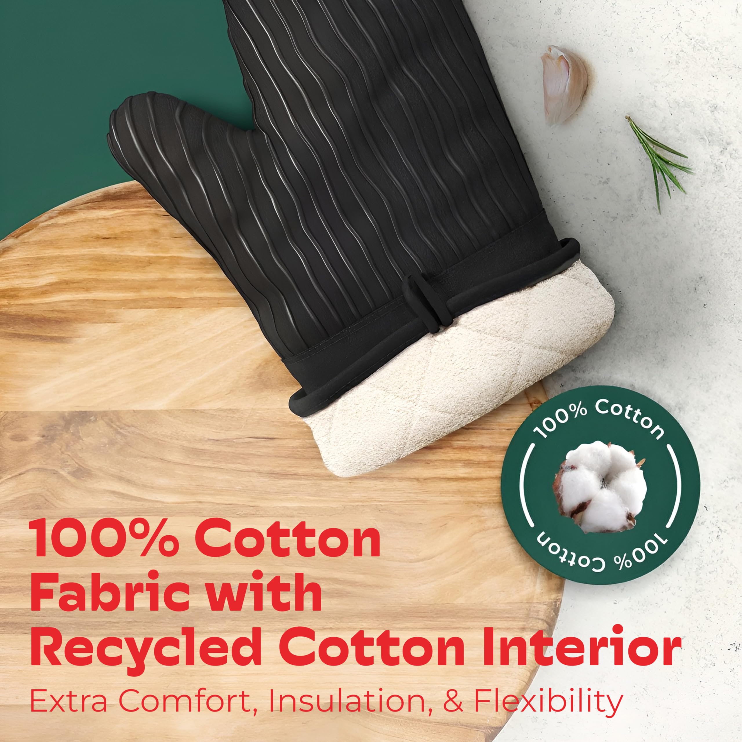 Guanti da forno, con resistenza al calore del silicone e flessibilità del cotone, riempimento in cotone riciclato, fodera in spugna, coppia resistente al calore 480 F (Nero)