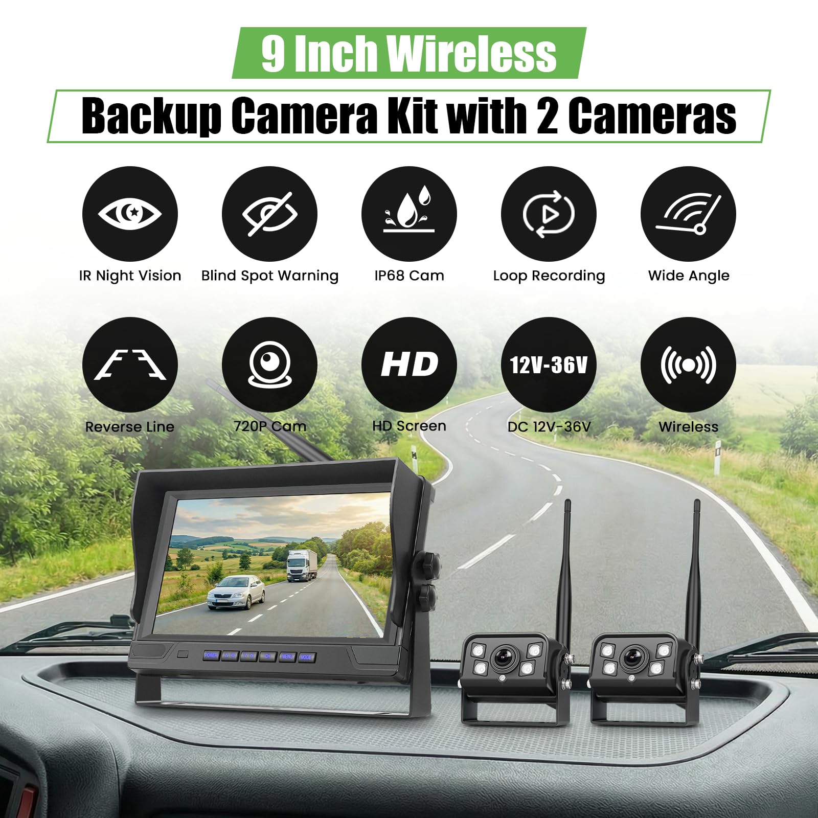 9 Zoll IPS Monitor Digitales Kabellos Rückfahrkamera Set, mit Toter-Winkel-Warnung, Wasserdicht Rückfahrkameras Funk 2 Kameras Aufzeichnung, Nachtsicht, Anhänger/LKW/PKW/Wohnmobil, 12V-24V