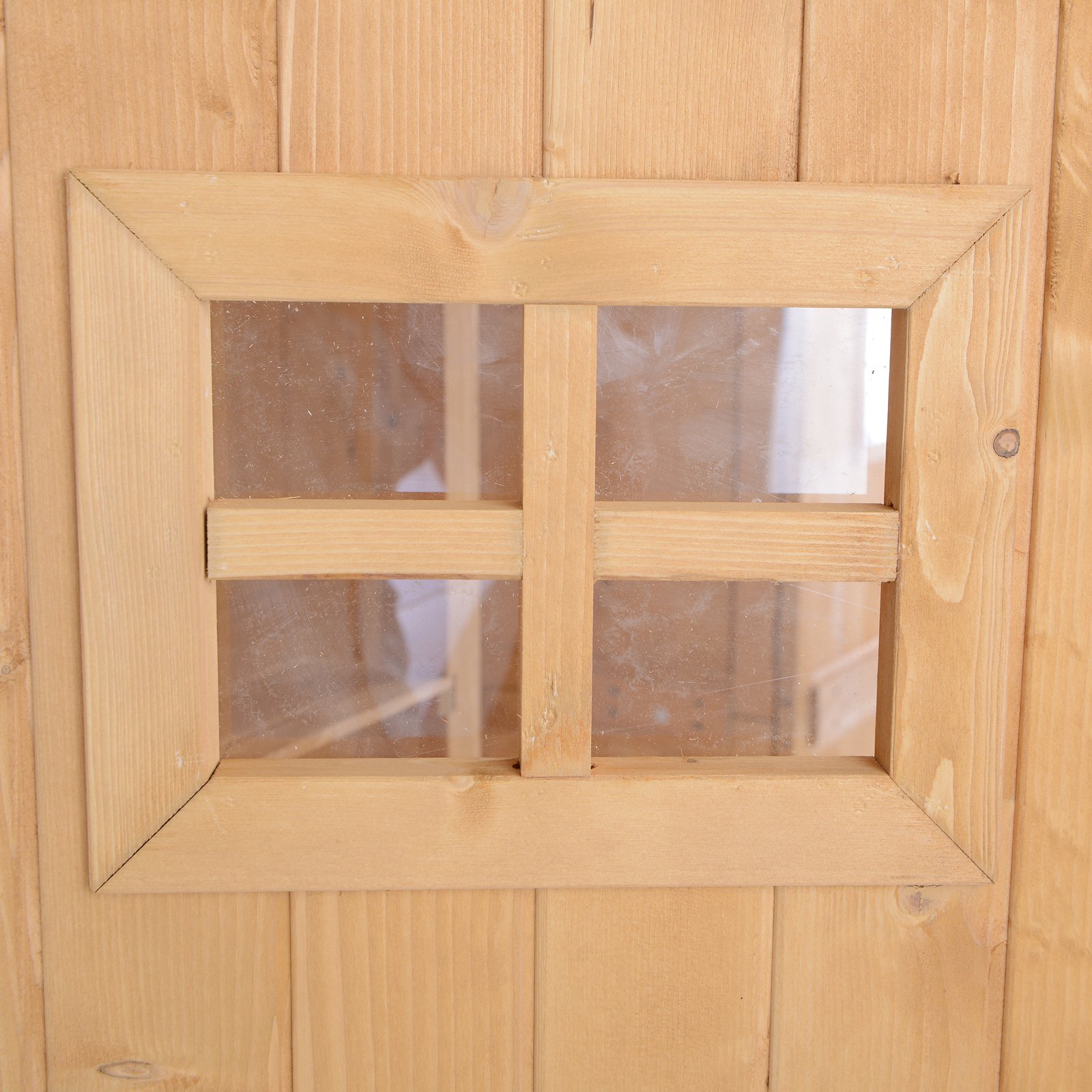 Outsunny Cobertizo de Madera Caseta de Jardín Exterior Armario Herramientas de Jardinería con Estantes Doble Puerta Ventanas y Techo Asfáltico 127,5x50x164 cm Natural
