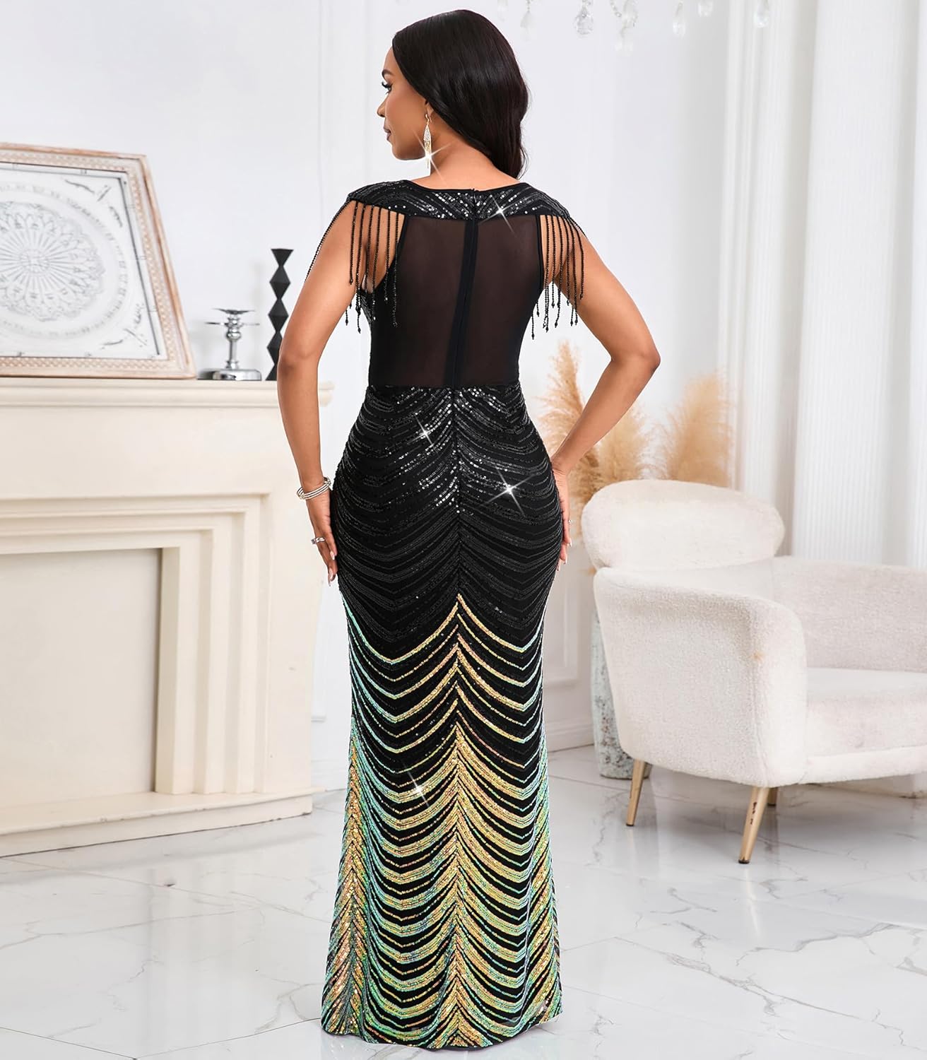 Cololura Women Sexy Sequin Tassel Mesh Perspective Gold Threads Patchwork Bodycon Party Cocktail Evening Gown Dress - Image 6