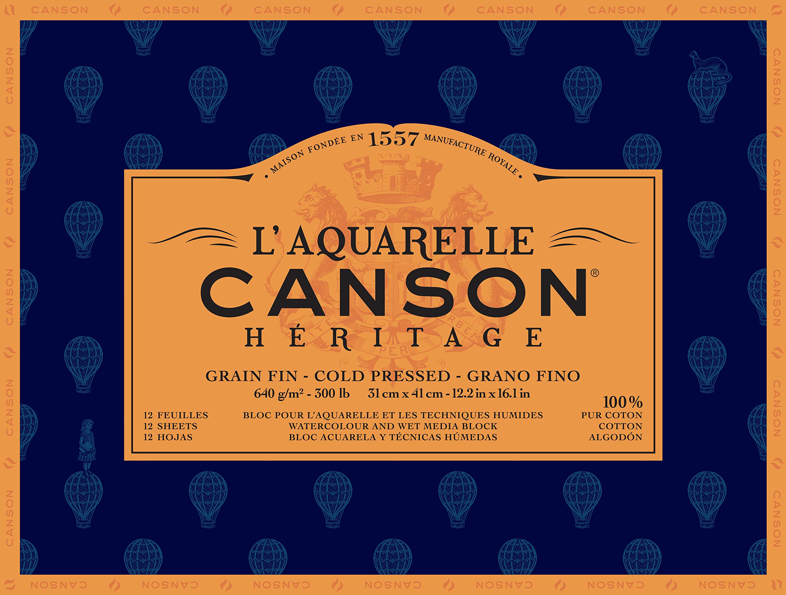 Canson Heritage, Papel de acuarela, Prensado en frío, 640g, Block pegado a 4 lados, 31x41cm, Blanco, 40 hojas