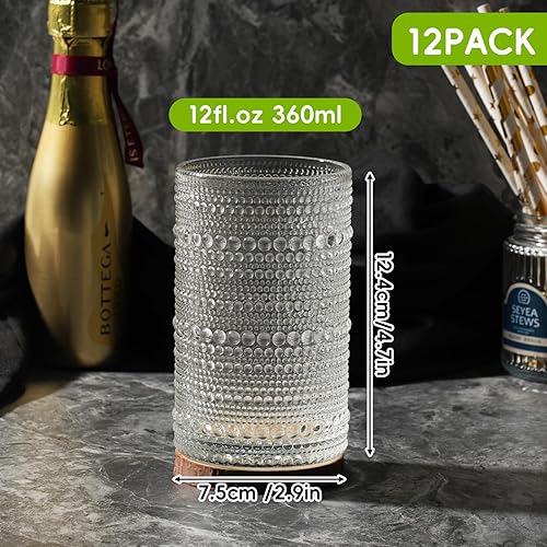 Miniatura 3 de Moretoes Hobnail - Juego de 12 vasos altos de 12 onzas con relieve, transparentes en relieve, bohemios, vasos de agua para cocina, bar, juego de