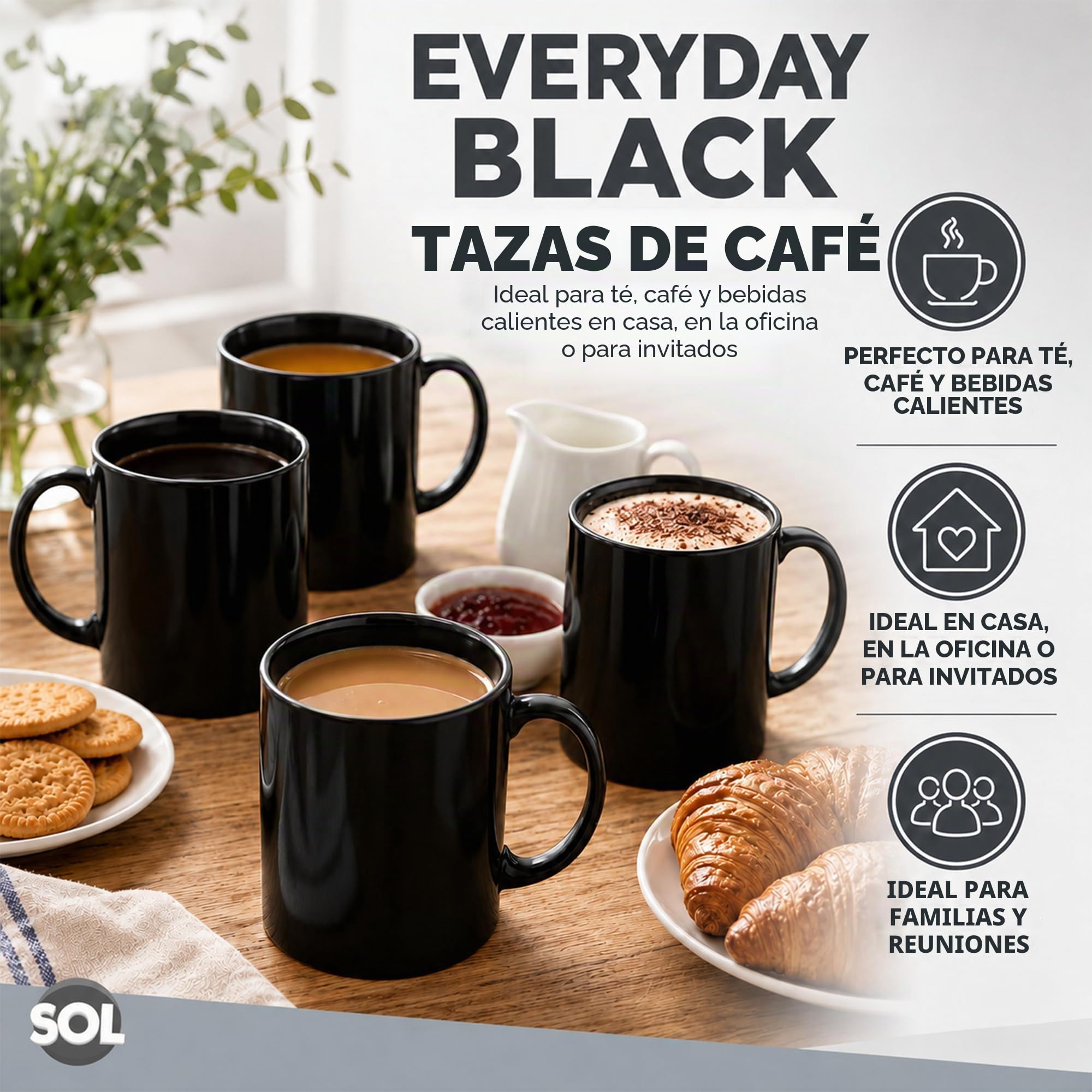 SOL Juego de 12 tazas de cerámica negras de 11 onzas para té y café, juego de vasos duraderos para el hogar, oficina, cafetería, restaurante, diseño apilable, apto para microondas y lavavajillas, apto