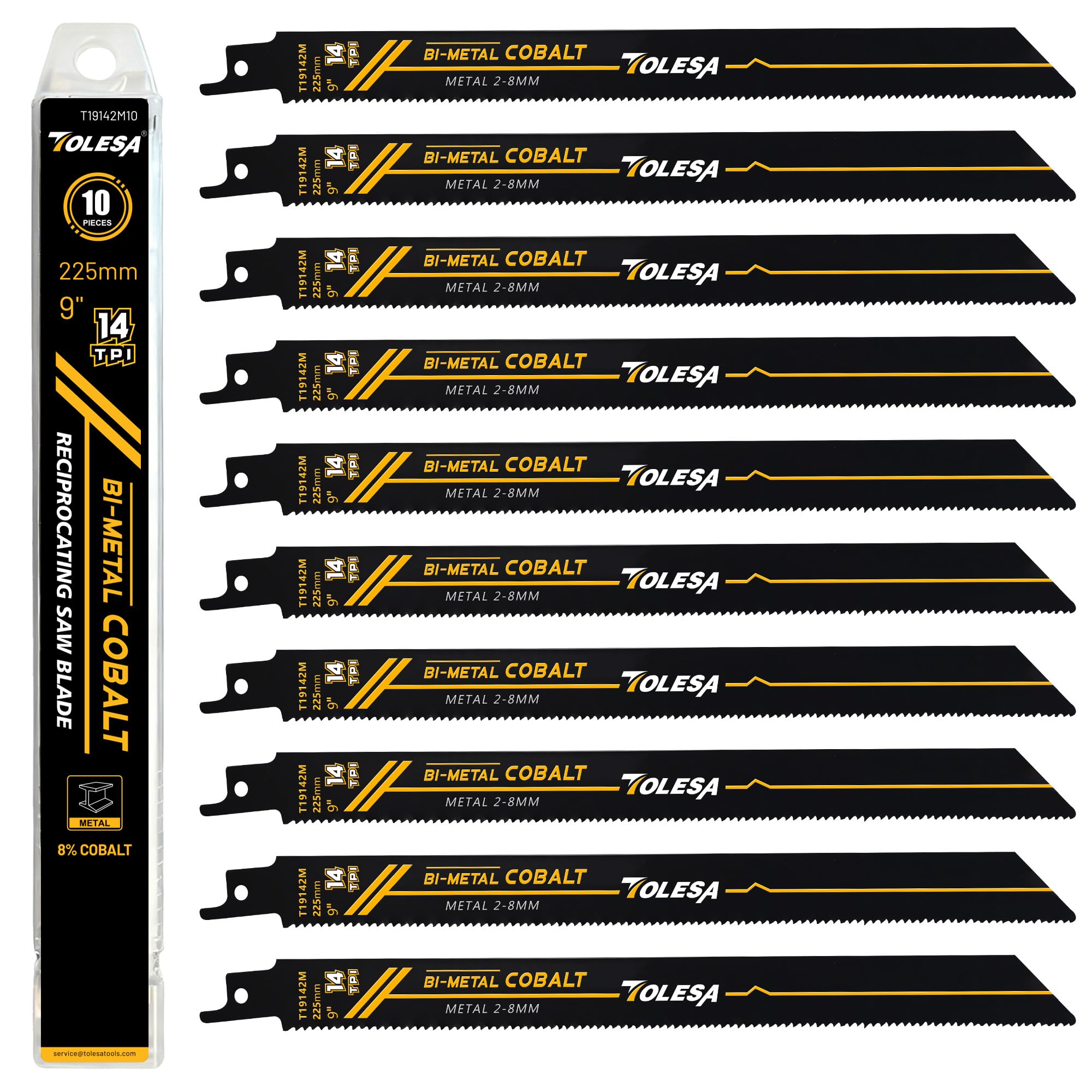 TOLESA 10 Pack Reciprocating Saw Blades 225 mm 14TPI Heavy Metal Cutting for Pipe, Sheet, Rebar, Bi-Metal Sabre Saw Accessories