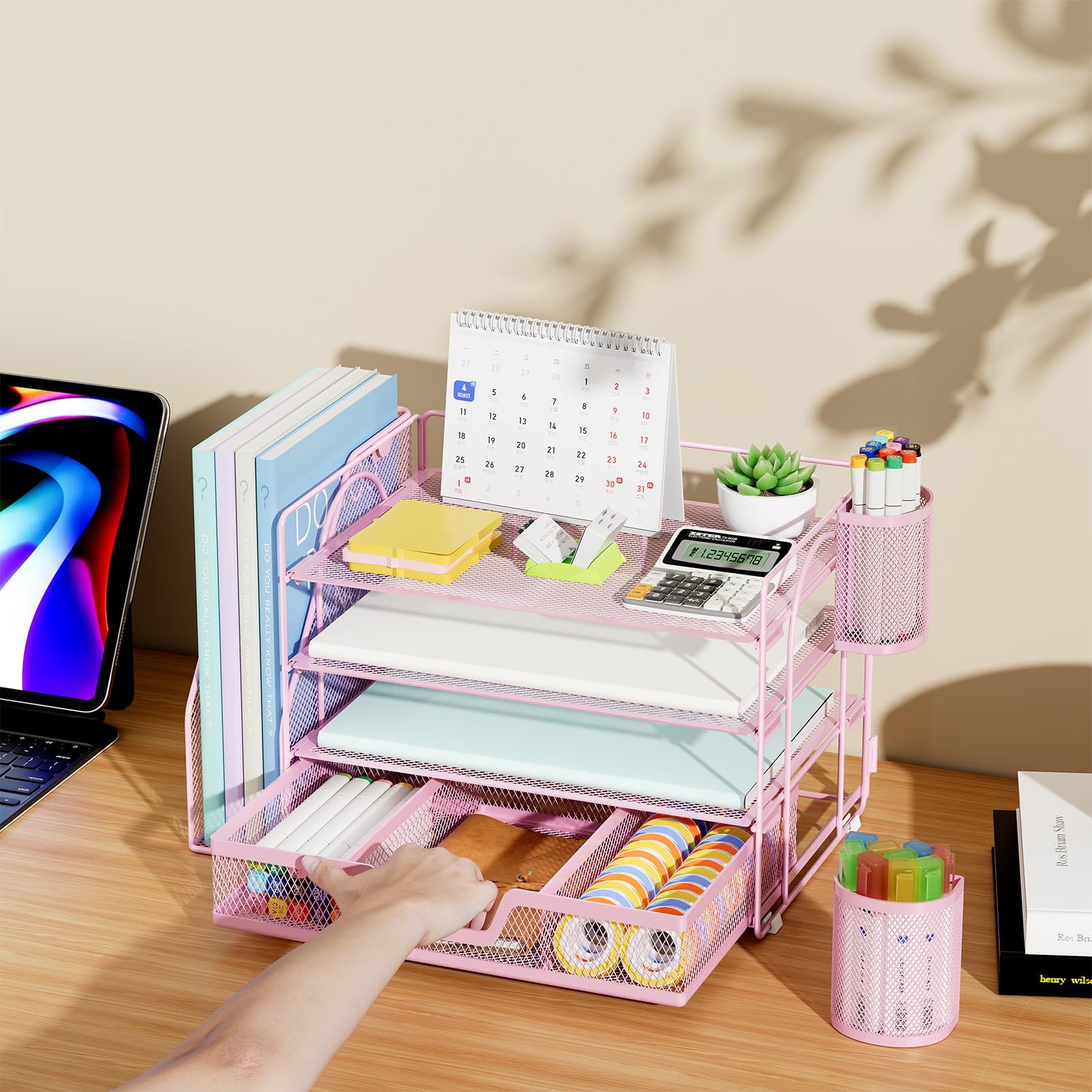 Marbrasse Organizer da scrivania e accessori, organizer per lettere a 4 livelli con porta documenti, accessori da scrivania e spazio di lavoro, organizer da scrivania con cassetto e 2 portapenne, per