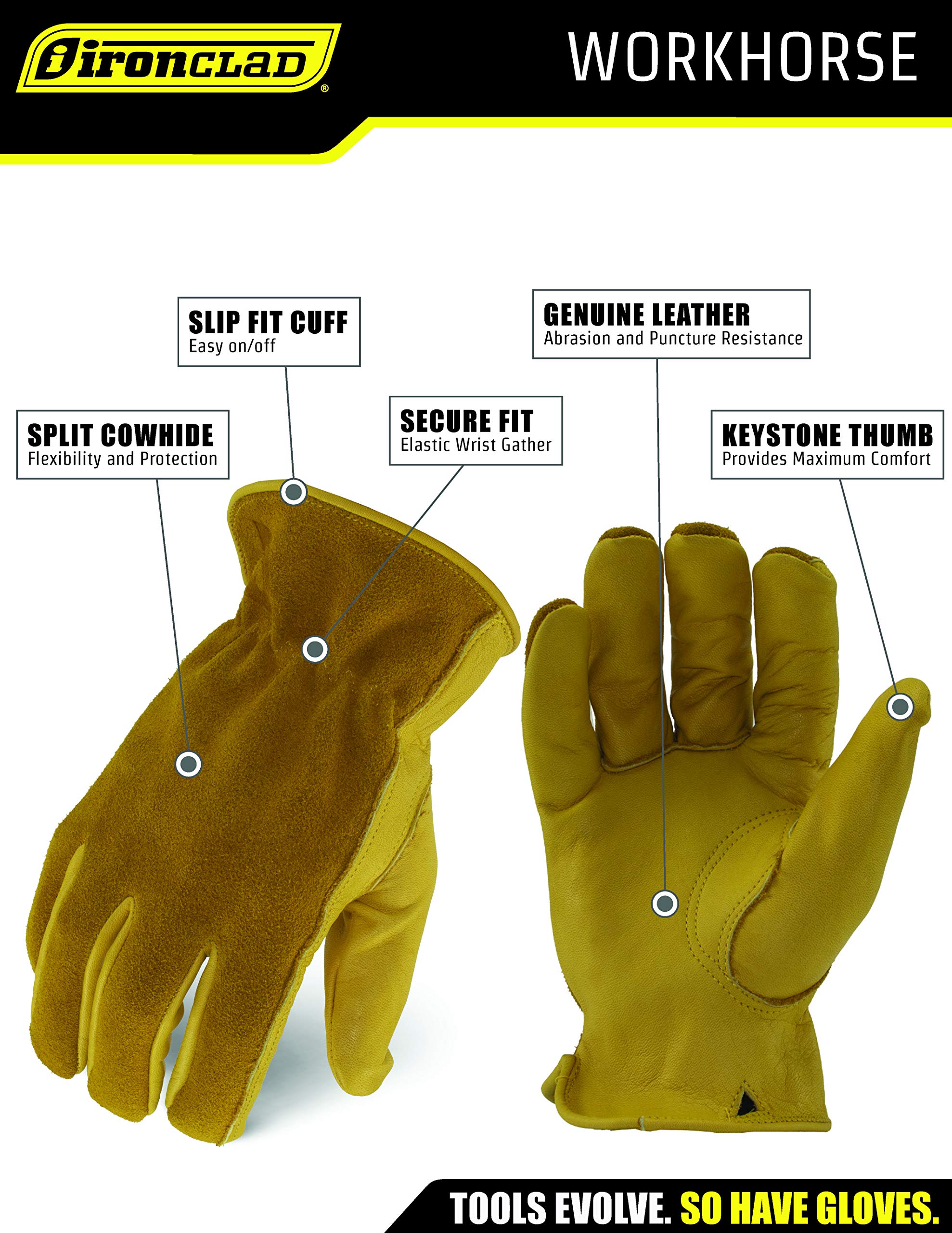 Ironclad Workhorse Gants de travail en cuir, utilisations suggérées pour l'aménagement paysager, le travail de ranch, les projets de bricolage, tailles XS, S, M, L, XL, XXL, XXXL (1 paire), cuir doré