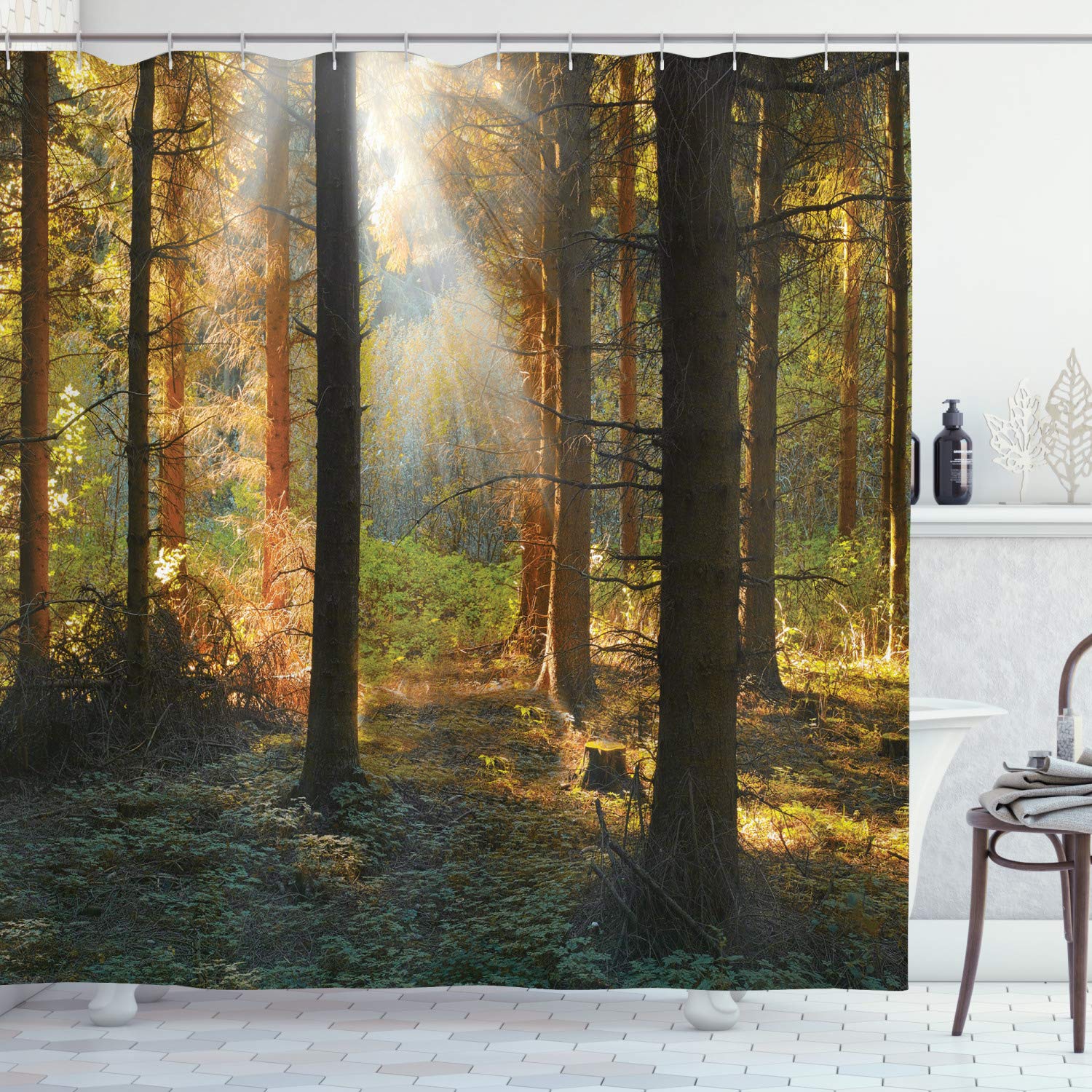 ABAKUHAUS Forest Shower Curtain, Sunset View of Dark Pine Woodland in Autumn Foggy Scene Sunbeams Trunks Shadow