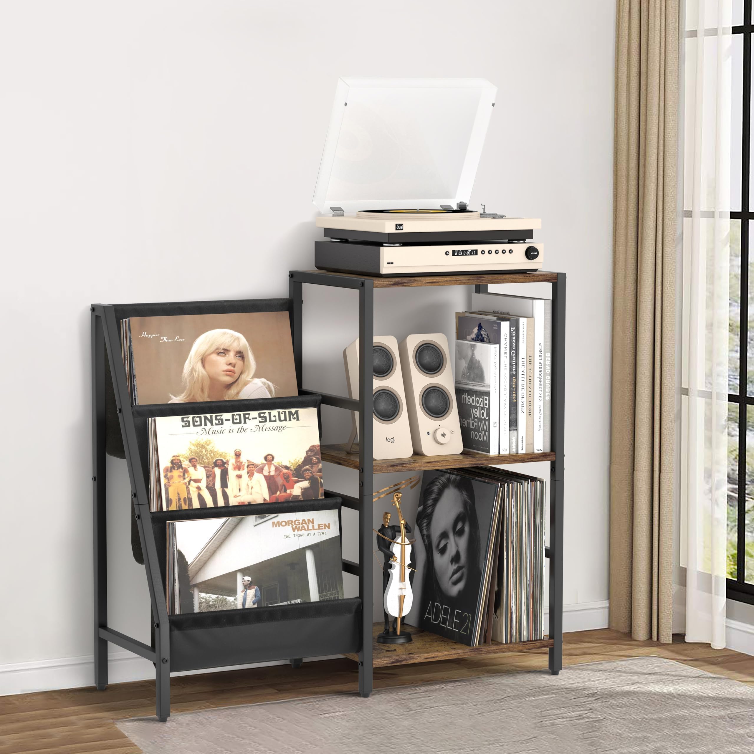 Mobile Giradischi e Porta Vinili, Porta Dischi Vinile, Vinili da Parete a 3 Livelli, Mobile per Giradischi e Vinili Archiviazione fino a 200 Albums, Cds
