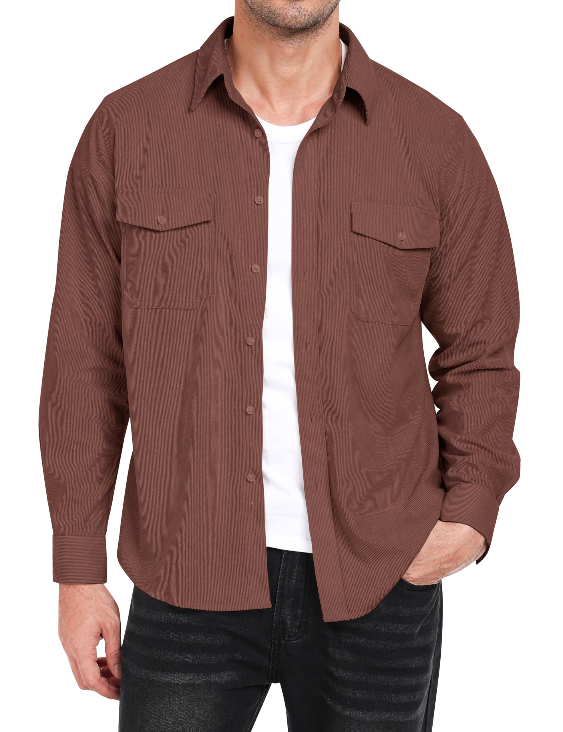MoFiz Chemise en Velours Côtelé Homme Veste Chemise Boutonnée à Manches Longues Chaude Décontracté Haut Automne Hiver avec Poches