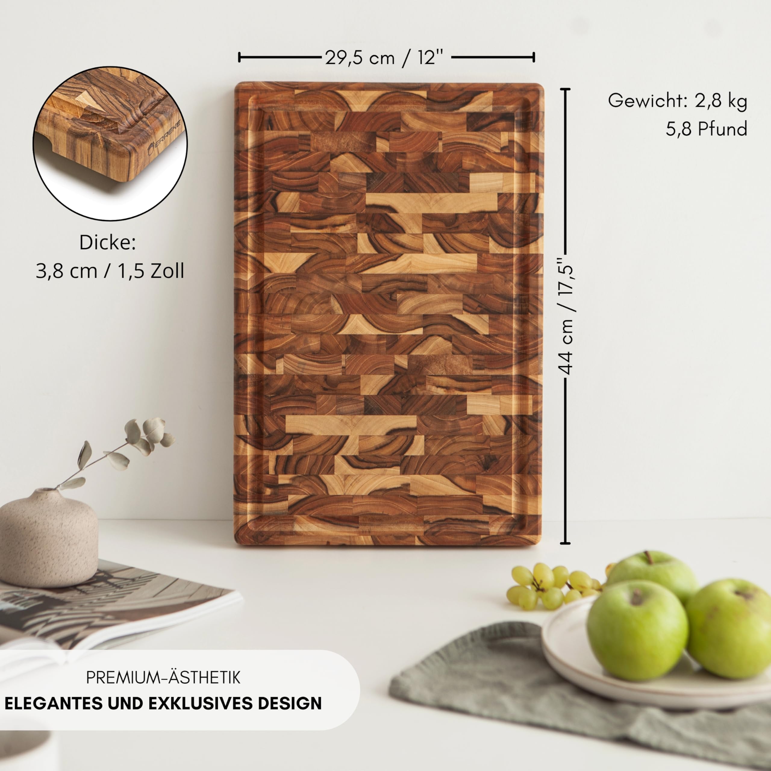 Erreke Schneidebrett aus Natürlichem Teakholz End Grain, 44x30x3,8 cm, Groß | Schneidebrett Holz. XL mit Saftrille. Wendbar und mit Griffen. Holz-Schneidebrett Küche. Für Käse Wurst Fleisch Brot