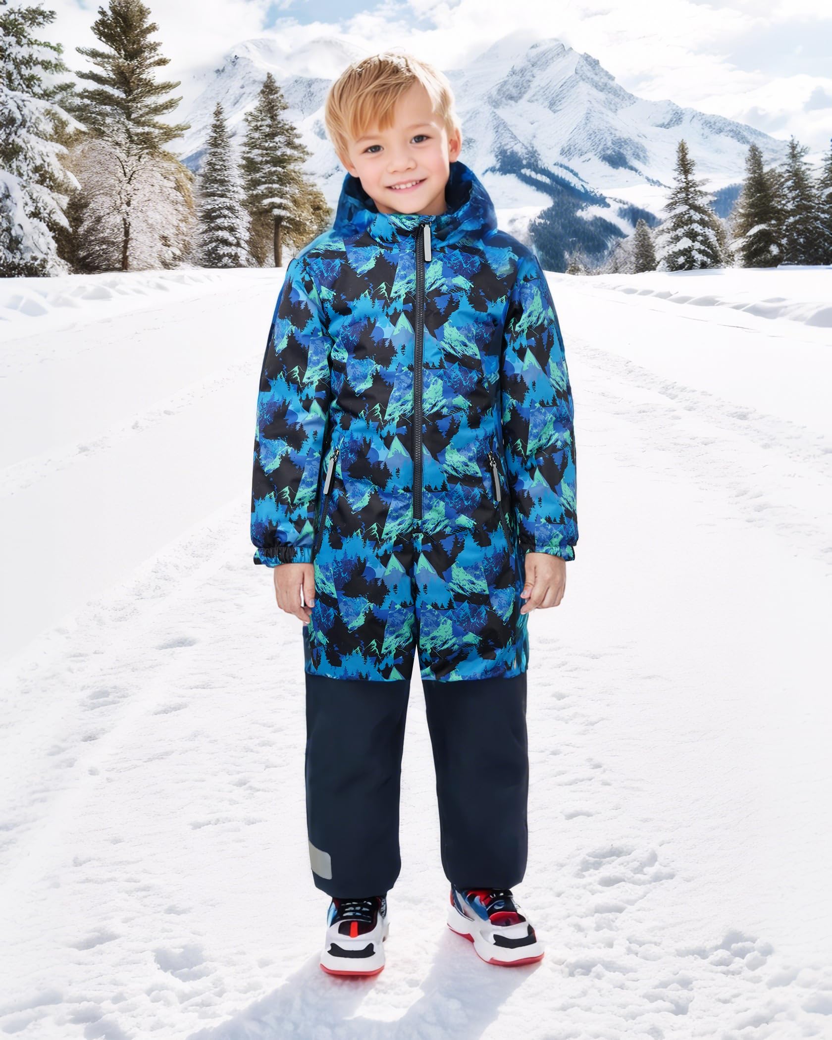Owntop Schneeanzug Kinder Unisex, Schneeoverall Mädchen Jungen, Winddicht Wasserdicht Skianzug mit Kapuze Reißverschluss 98-122