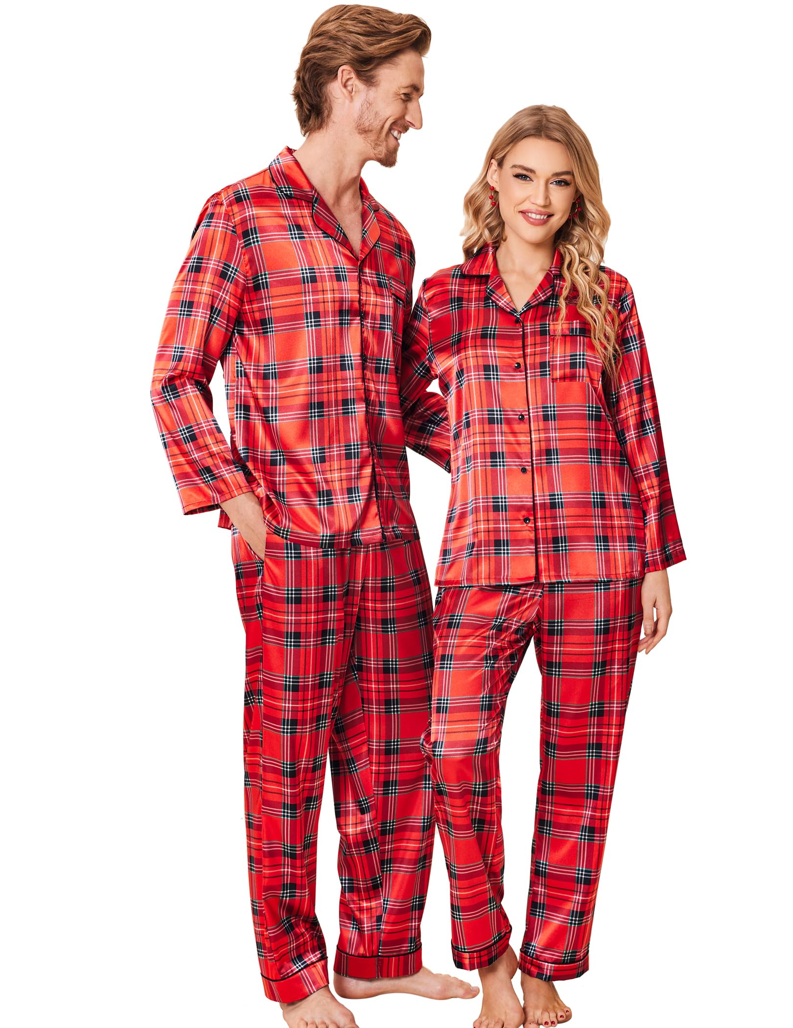 Ekouaer Conjunto de pijama de satén de seda para mujer, manga larga, con botones, suave, de dos piezas, S-XXL, Tartán rojo de Navidad, Medium