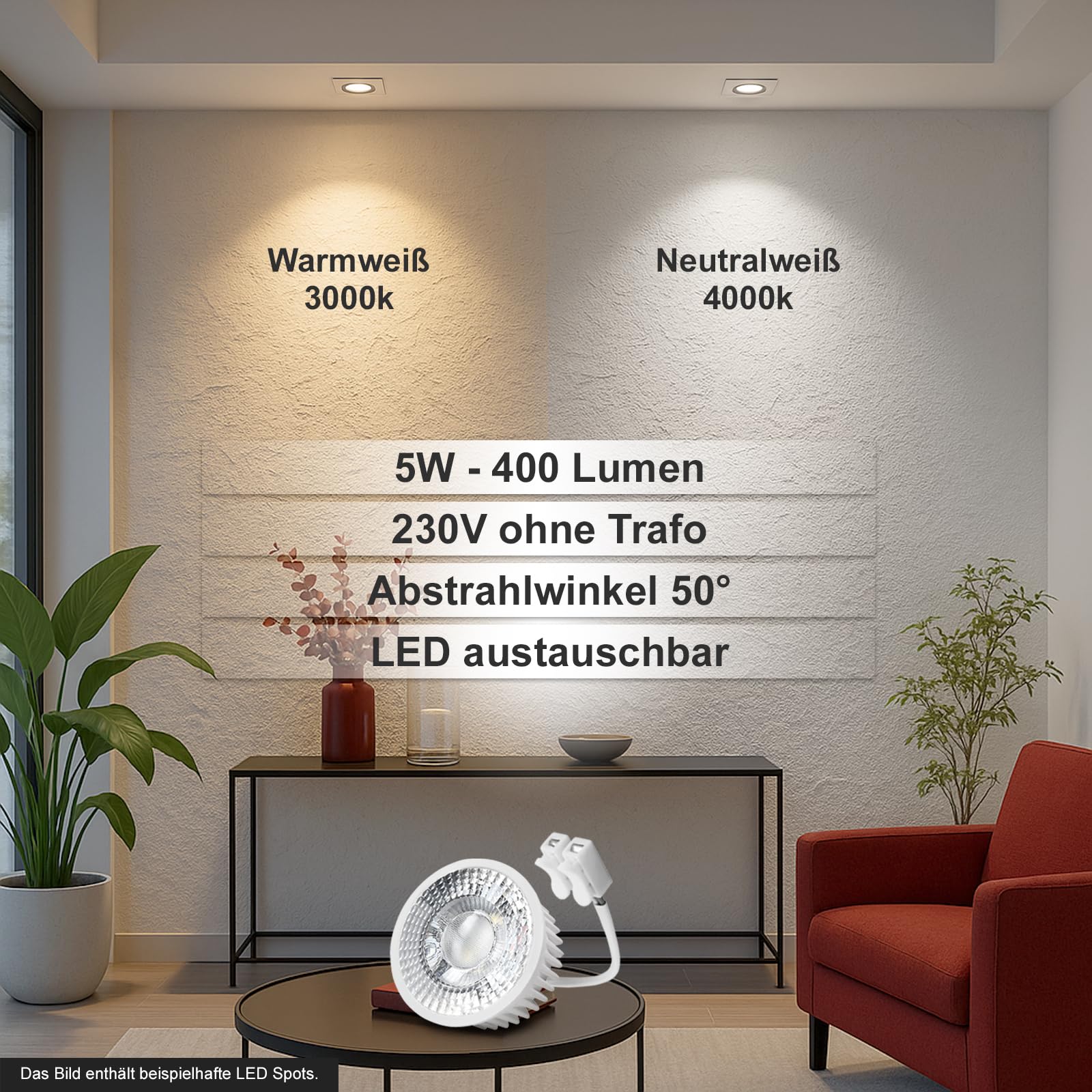 trendlights24 Carree-C LED Einbaustrahler 230V Schwarz eckig 3-Stufen dimmbar extra flach 35mm, 5er Set Neutralweiß 5W LED-Spots, Deckenspots schwenkbar