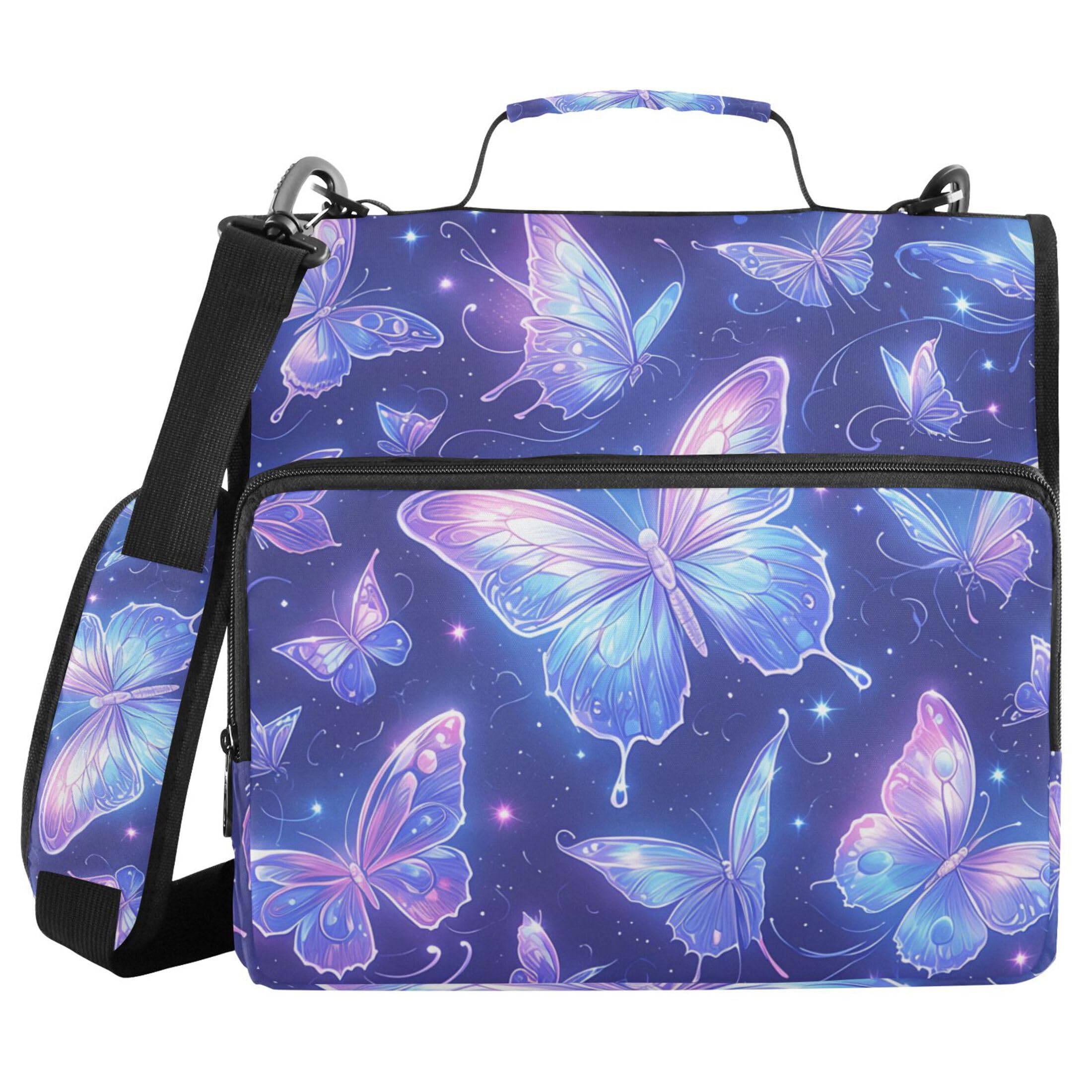 Sparkle Butterfly Blue Waterproof Zipper Binder with Shoulder Strap, 3-Ring Trapper Keeper with Lay-Flat Design and Multiple Compartments for School Office