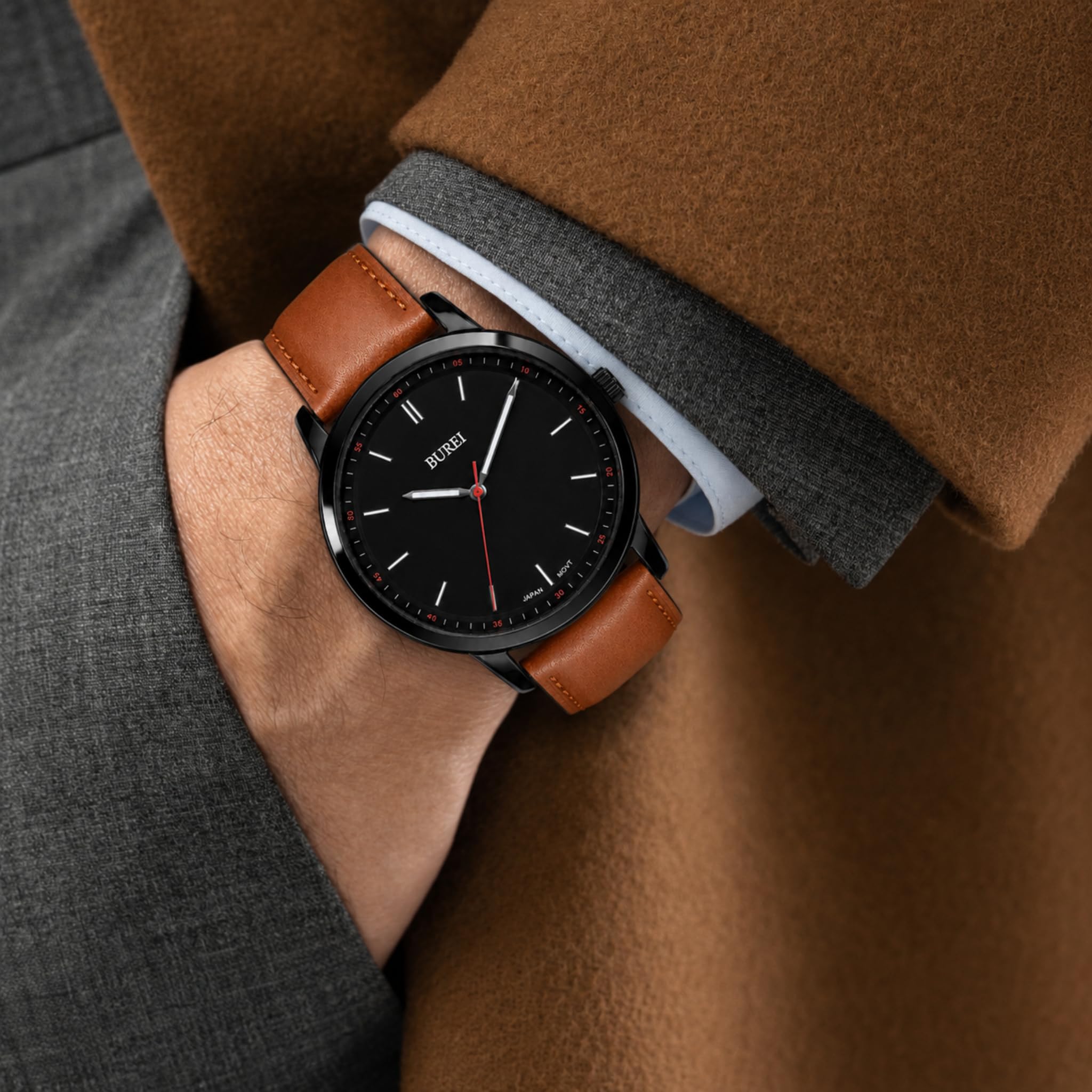 BUREI Orologio da uomo alla moda, minimalista, in pelle, classico, analogico, al quarzo, impermeabile, regalo per uomo